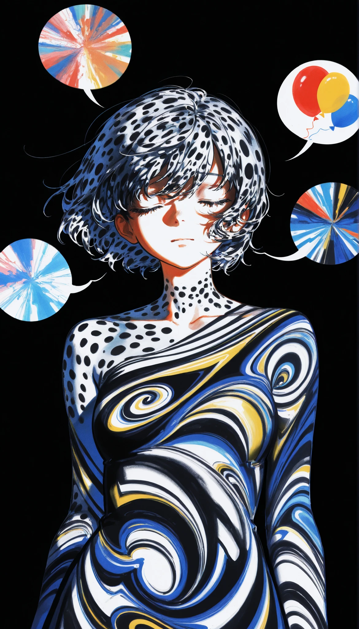 (drawing in white on black),black background,white spots,Abstract,drawing with tempera, artistic,watercolors,stained,shaded on the background,pro finish, introspective , inner,expressive,emotional,thought balloon