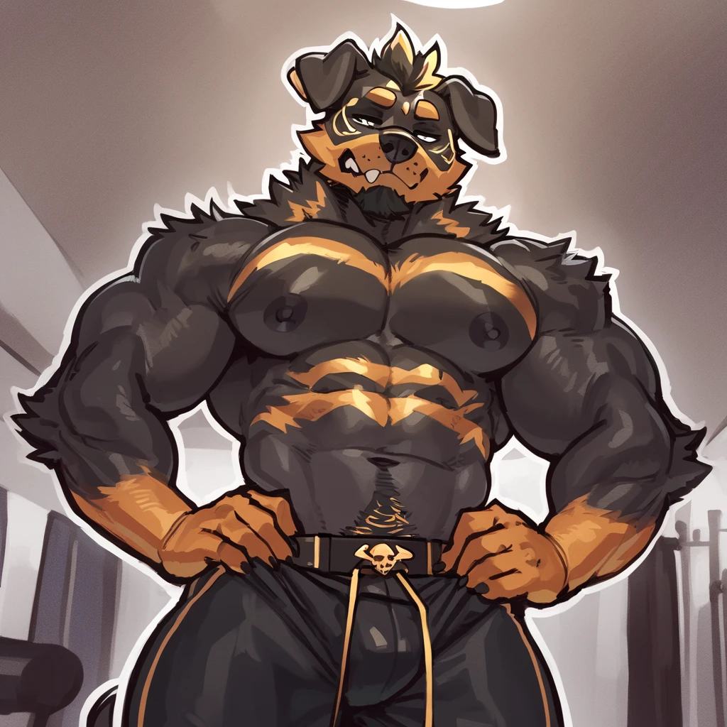 Solo, male (((dobermann, muscular, black fur, black body, black fur, black nose, brown eyes, nipples, big chest, abdomen, abs, six pack, standing, flustered expression, blush, ear piercing, ear ring, collar, naked, penis, wet, penis, dark gradient penis, big, strong legs, body))) standing, 5 fingers ((focus eyes, focus pupils, focus body, focus black fur, focus 5 fingers, focus collar, focus abdomen, focus penis)) adult character, by darkgem, by mystikfox61, by glitter trap boy