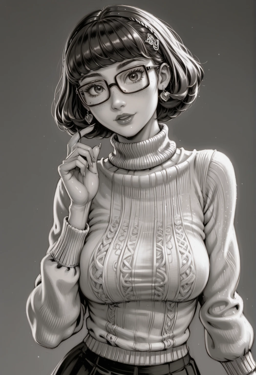 (background ancient ruins), original,(illustration:1.2 black and white),(best quality), (masterpiece:1.2), (extremely detailed 8k unit wallpaper, black and white image, made in HB graphite pencils, (panoramic photo:1.4),(full body:1.05), (splashes),((GRAPHITE)), sharp focus, 1 girl standing, intelligent intellectual, with round and large glasses, (flowers, woods), outdoors, stones, make happy expressions, soft, pure smile, beautiful and detailed face and eyes, short hair, soft face, forehead --auto
