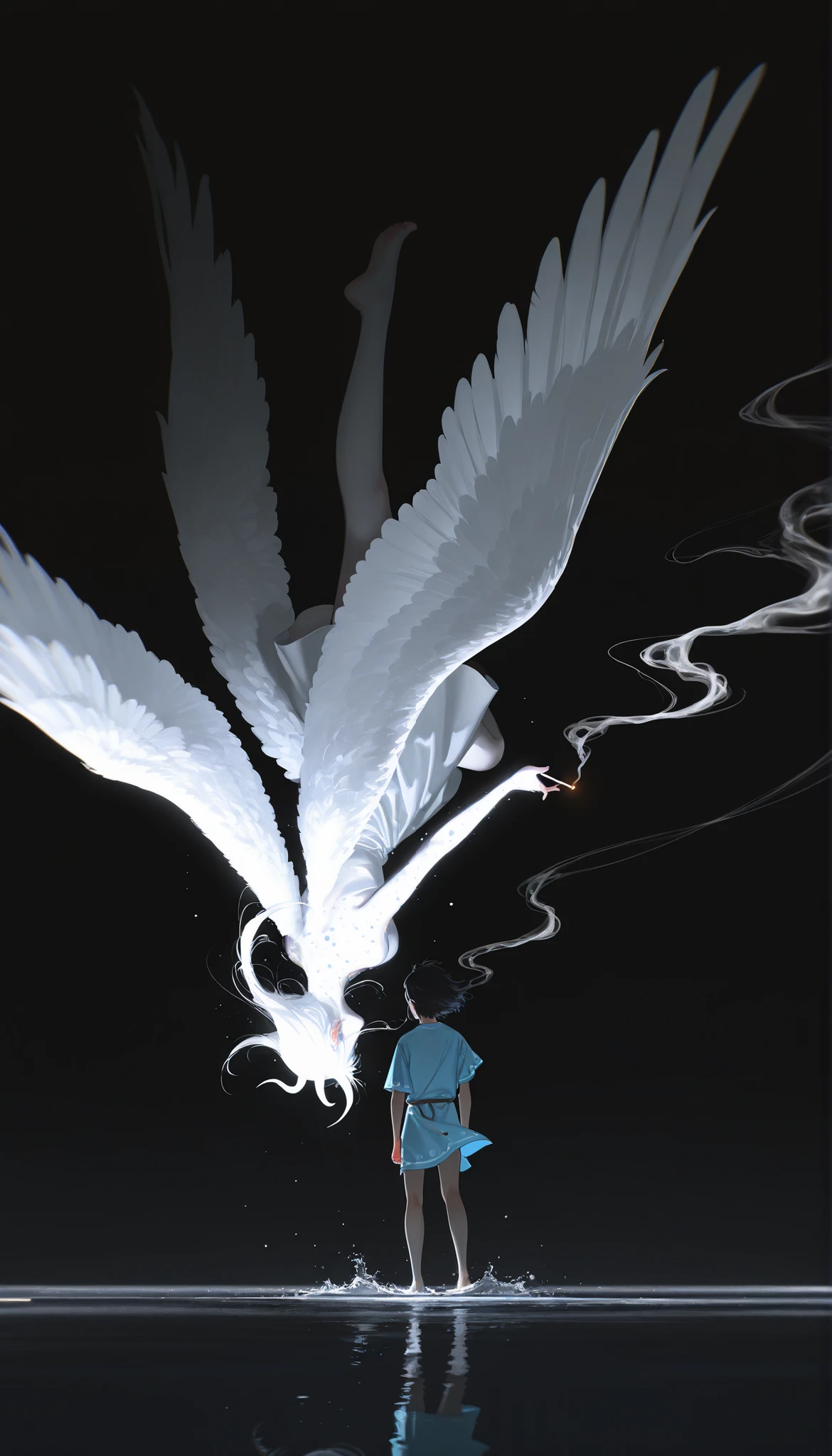 masterpiece,The best quality,newer,absurdres,highres,(drawing in white on black),black background,white spots,Abstract,drawing with tempera, artistic,watercolors,stained,shaded on the background,demon woman,Horns,angel wings tunic,cigarette ,abstract smoke,imaginary rain,water drops,dramatic lighting,cinematic lighting, atmospheric lights,  ultra detailed, bloom, dramatic atmosphere, centered, rule of thirds, f/1.4, 6 mm, high angle photo