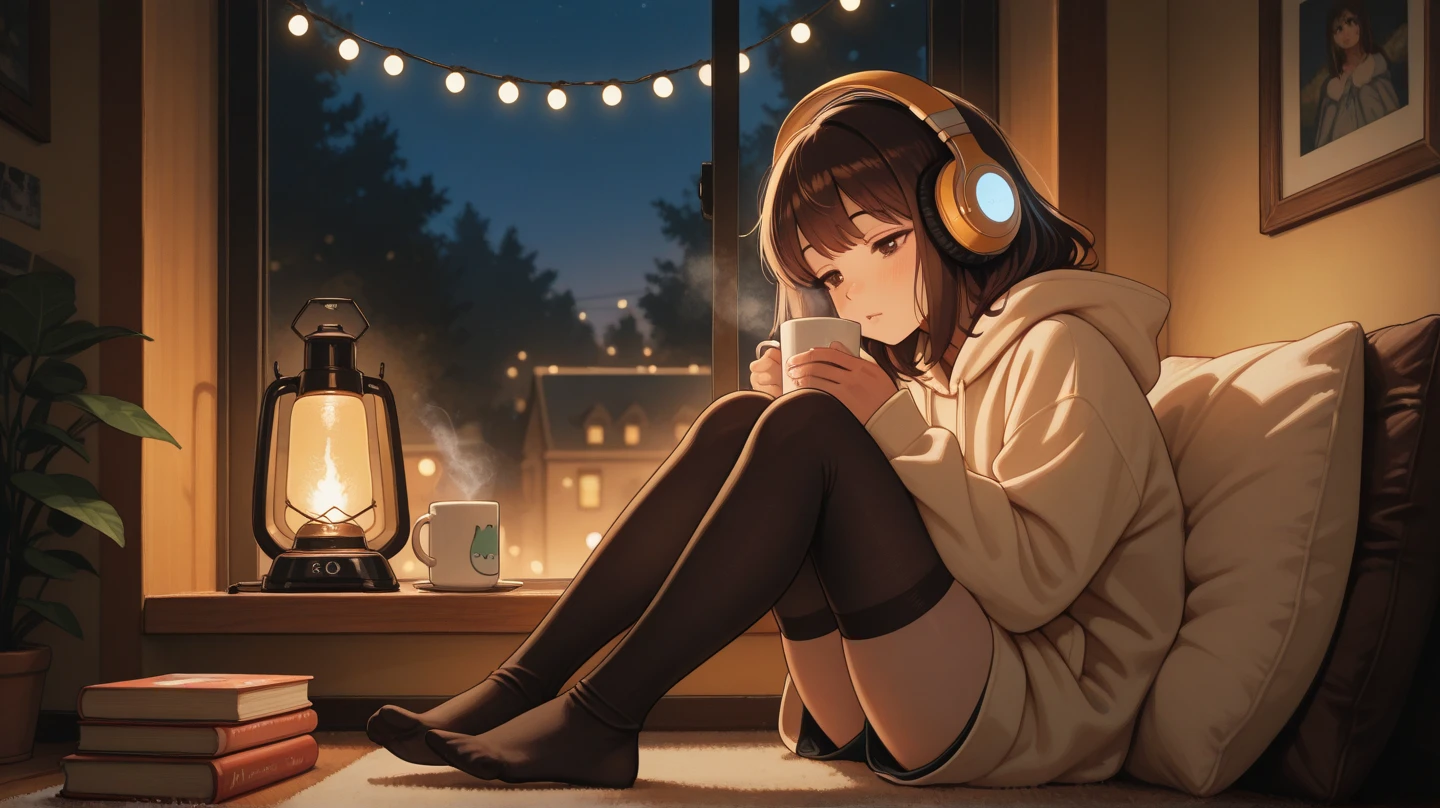 (Girl sitting on bed, brunette, medium hair, ponytail, gray hoodie, long sleeves, miniskirt,), (Coffee, listening to music with headphones, rain outside big window)
