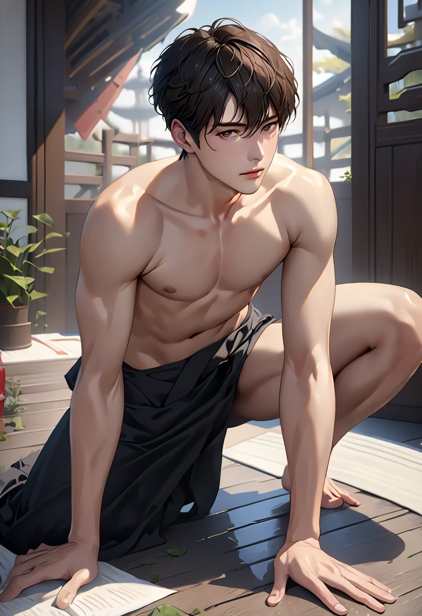 masterpiece, best quality, high quality,  1boy,10yo, , duo, male focus, full body, looking at viewer, brown hair,spiky hairstyle, short hair, steam smork, japan style,  anime coloring, shy, home muji style, detailed face, topless, white towel on waist, pose boxing fighter