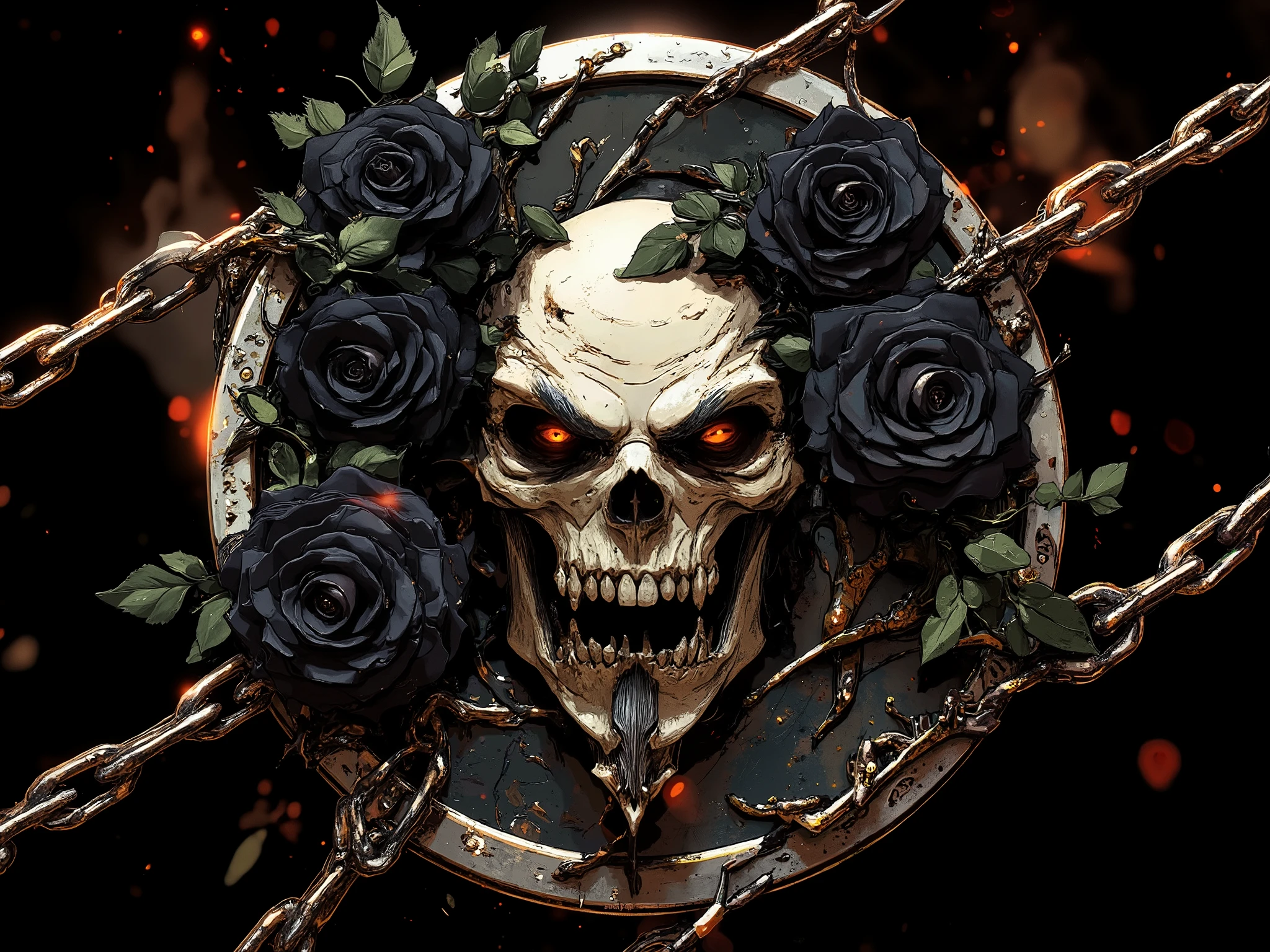 Coat of arms, it has chains and black roses around his skull and bones