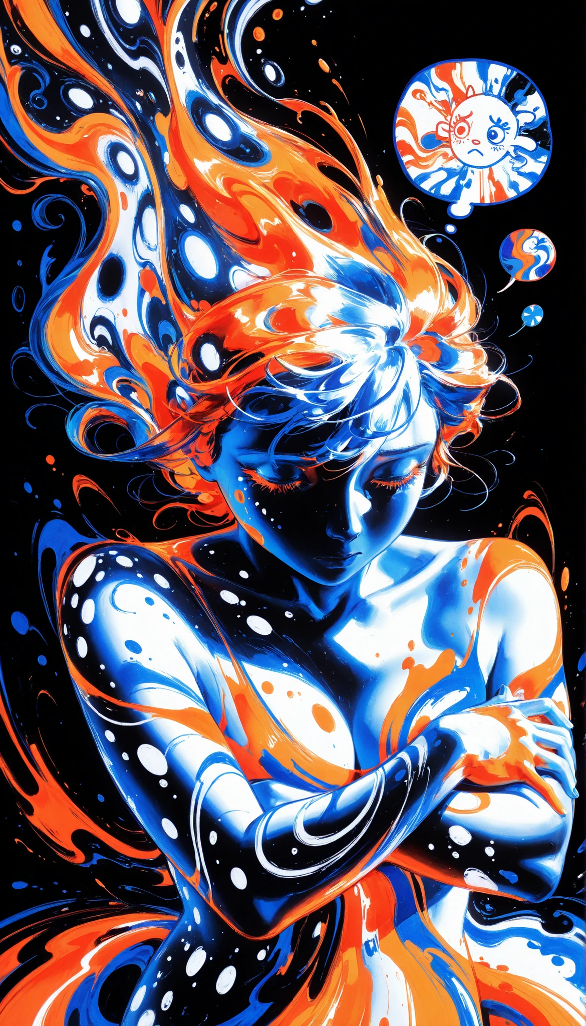 (White drawing on black),black background,white spots,Abstract,drawing with tempera, artistic,watercolors,stained,shaded on the background,pro finish, introspective , inner,expressive,emotional,thought balloon