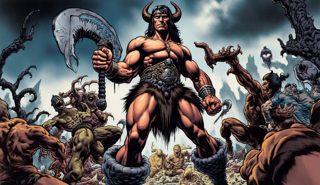 Prepare-se para ser transportado para o mundo de Conan, the Barbarian, in an epic and imposing illustration, fielmente inspirada no trabalho de John Buscema. Na imagem, Conan is portrayed in all his glory, pronto para enfrentar qualquer desafio que a vida ou a batalha possam lhe apresentar.
The illustration perfectly captures Conan's imposing presence, with your powerful muscles and confident posture. His determined and wild gaze conveys his inner strength and his fearless nature.
Ao fundo, we have a setting that evokes the brutal and unforgiving atmosphere of the Hyborian Era, with ancient ruins, a stormy sky and a wild and unpredictable landscape. These elements add a touch of mystery and danger to the scene, reinforcing the essence of the world Conan lives in.
The carefully crafted lighting, creating dramatic shadows and highlights, ressalta cada detalhe da figura de Conan, From his muscles to the scars that bear witness to his past battles. Each blow is meticulously executed, paying homage to John Buscema's signature style and capturing the essence of the character.
This illustration by Conan, the Barbarian, it's a true homage to the work of John Buscema, capturing the essence of the character and immortalizing him in an impactful image. It is a faithful and powerful representation of the legendary warrior, which is sure to delight Conan fans and lovers of epic illustrations.