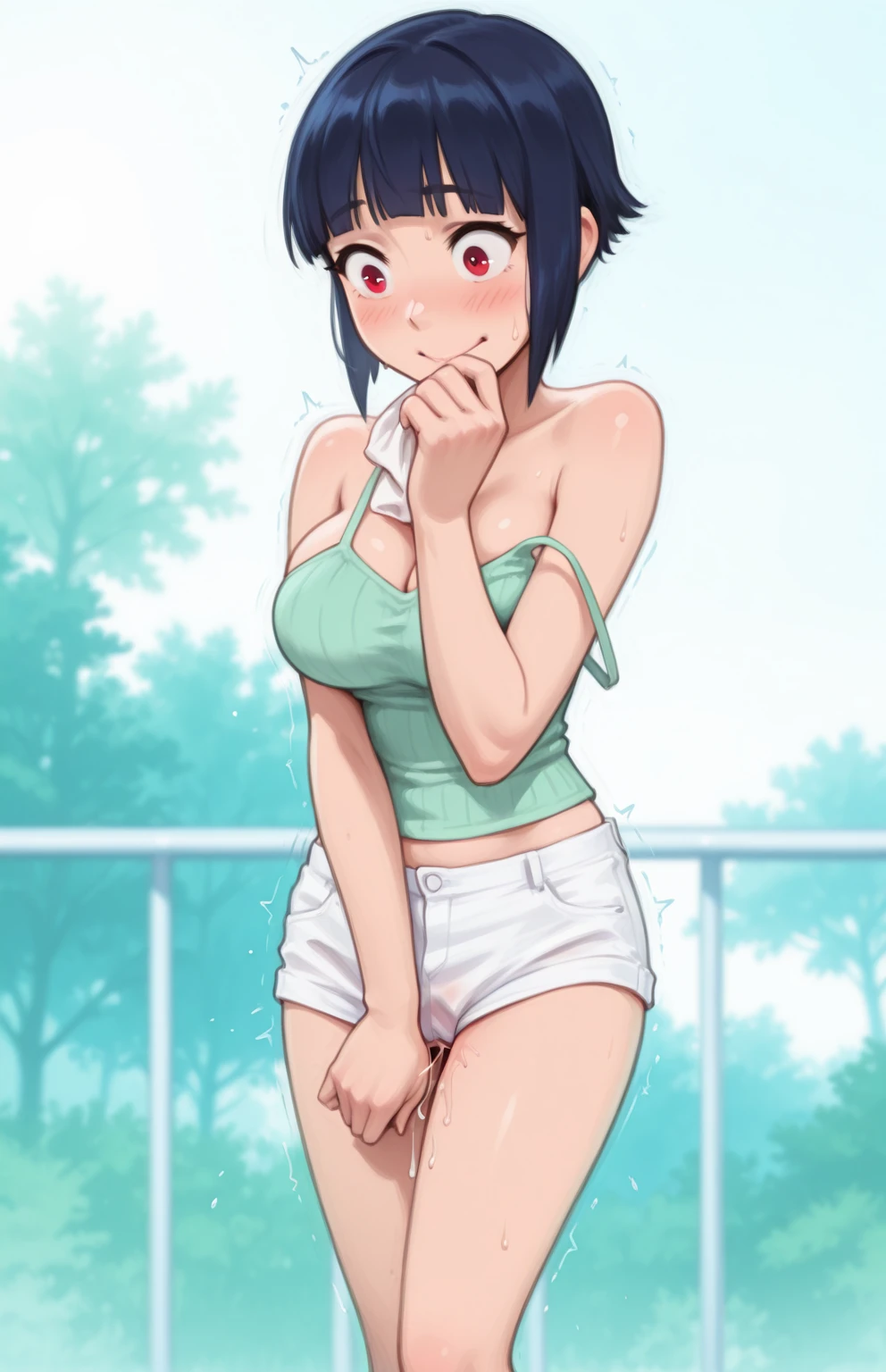 fountain_アニメ, hinatahyuuga Hinata Hyuuga Byakugan, indecent face, naughty smile, short black hair, bangss, thick-thighs, very thick toned legs, big-ass, bountiful breasts, tanned skin with bikini lines, 40 years old, cowboy shot, camisa cropped, denim shorts
