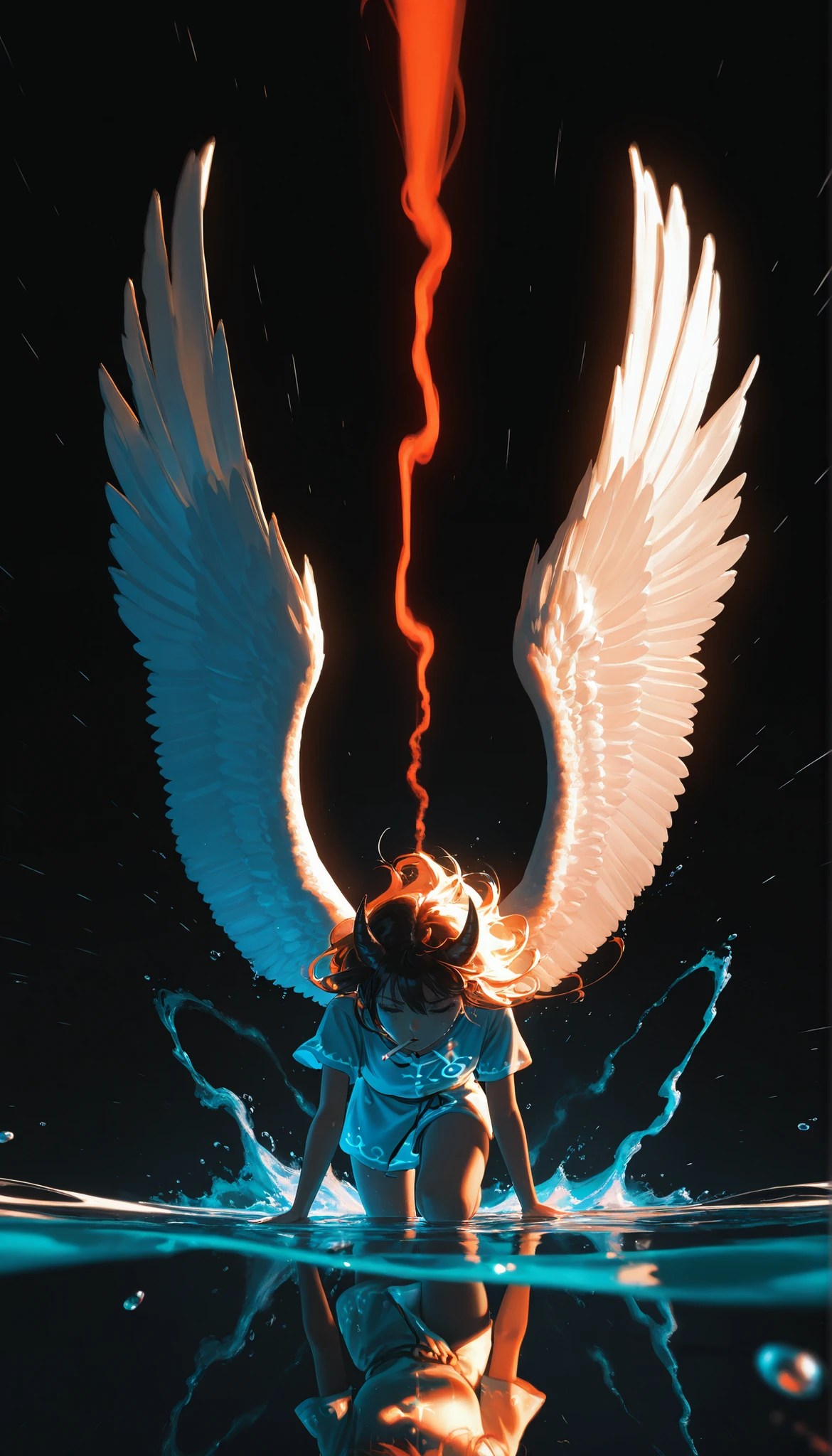 masterpiece,The best quality,newer,absurdres,highres,(drawing in white on black),black background,white spots,Abstract,drawing with tempera, artistic,watercolors,stained,shaded on the background,demon woman,Horns,angel wings tunic,cigarette ,abstract smoke,imaginary rain,water drops,dramatic lighting,cinematic lighting, atmospheric lights,  ultra detailed, bloom, dramatic atmosphere, centered, rule of thirds, f/1.4, 6 mm, high angle photo
