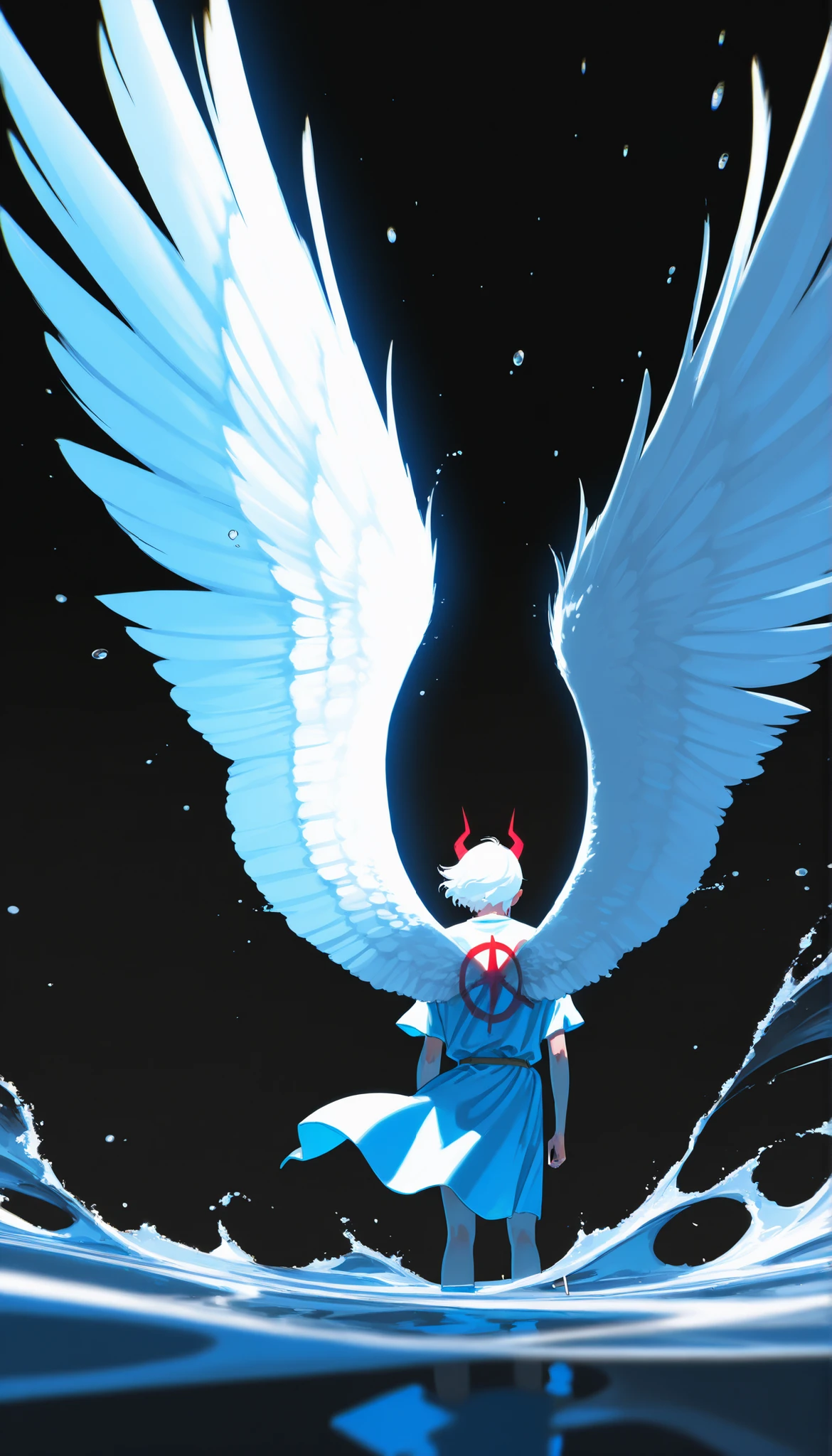 masterpiece,The best quality,newer,absurdres,highres,(drawing in white on black),black background,white spots,Abstract,drawing with tempera, artistic,watercolors,stained,shaded on the background,demon woman,Horns,angel wings tunic,cigarette ,abstract smoke,imaginary rain,water drops,dramatic lighting,cinematic lighting, atmospheric lights, ultra detailed, bloom, dramatic atmosphere, centered, rule of thirds, f/1.4, 6 mm, high angle photo