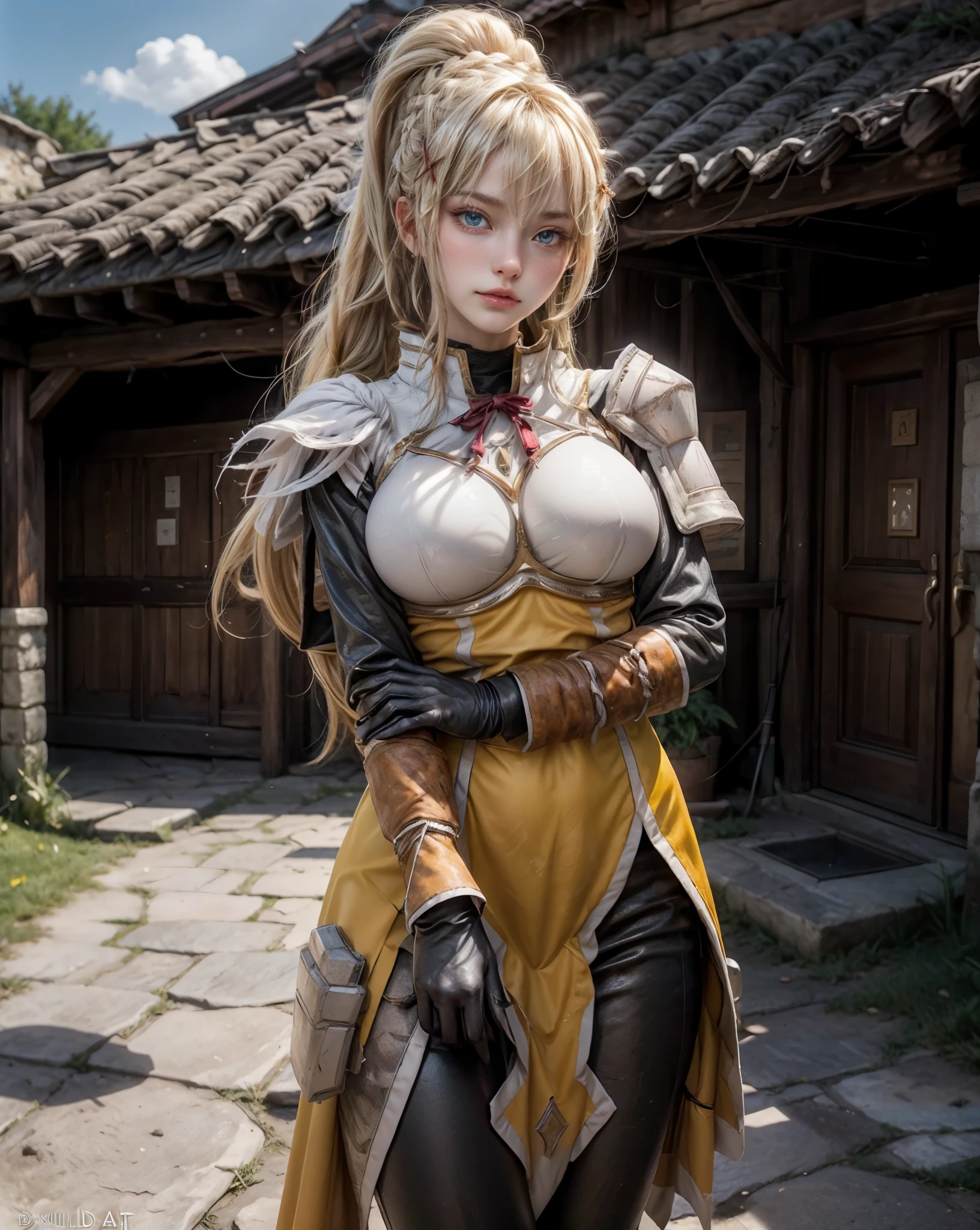 ((cowboy shot)), (1girl), darkness \(konosuba\), 4K、finedetail、超A high resolution、Detail Face、Delicat eyes、Gradient Eyes、gradation hair、bigger eyes, Double eyelids, blue eyes, lipgloss, heart lips, light tracing、realskin、Beautiful skin、((masterpiece、top-quality)), blonde hair, x hair ornament, armor, ponytail, hair ornament, gloves, shoulder armor, braid, black gloves, pauldrons, white boots, yellow armor cloth, (((large breasts))), (((Medieval village setting)))