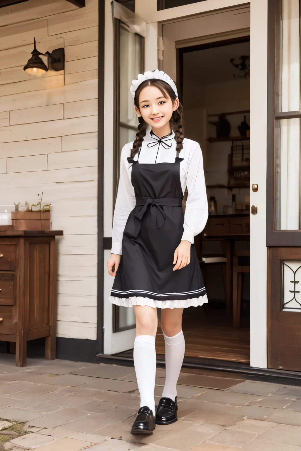 Maid clothesを着た女の子、Maid clothes、mini skirt、 dress、(master piece:1.3)、(clear pictures)、Raw photo、(highest quality、master piece:1.2)、realistic skin texture、(detailed background : 1.2)、