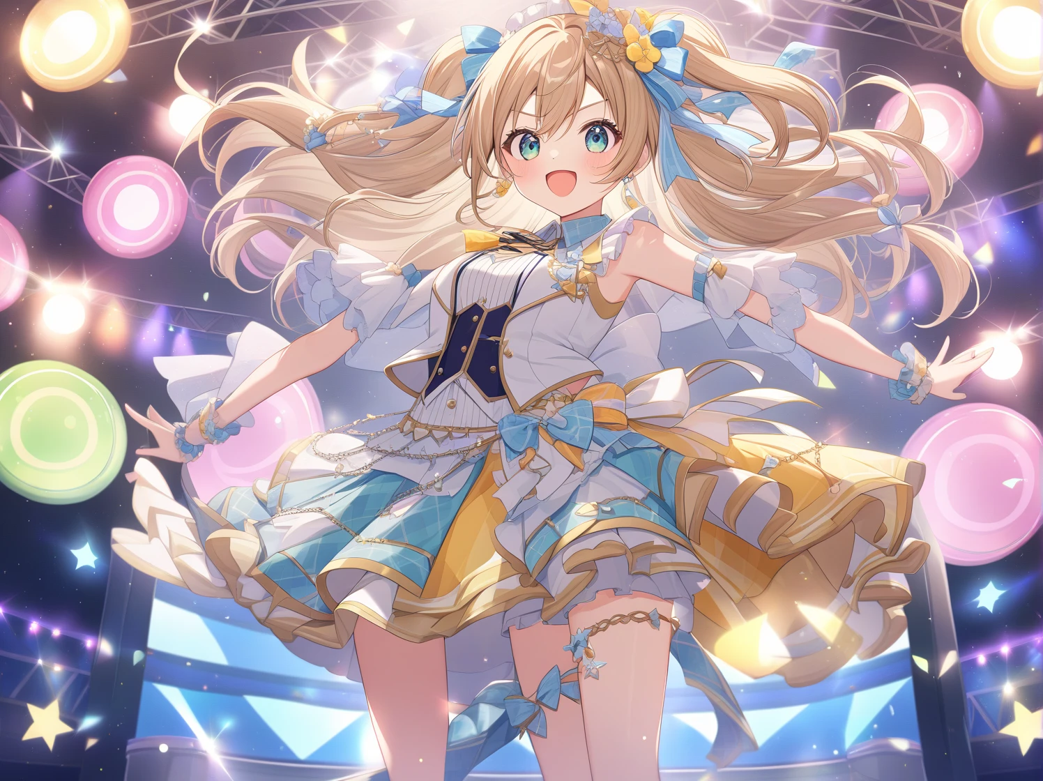 (masterpiece, top quality, very aesthetic, 4k、illustration), intricate detail, 1woman,、solo,contrapposto 、,(cowboy shot)、(pupils sparkling),Cute ,one eye closed、pose、happy smile、Random Hairstyle、Random Hair Color、,middle hair,sidelock ,Random Color　eyes、idol clothes、small breasts、Slim 、