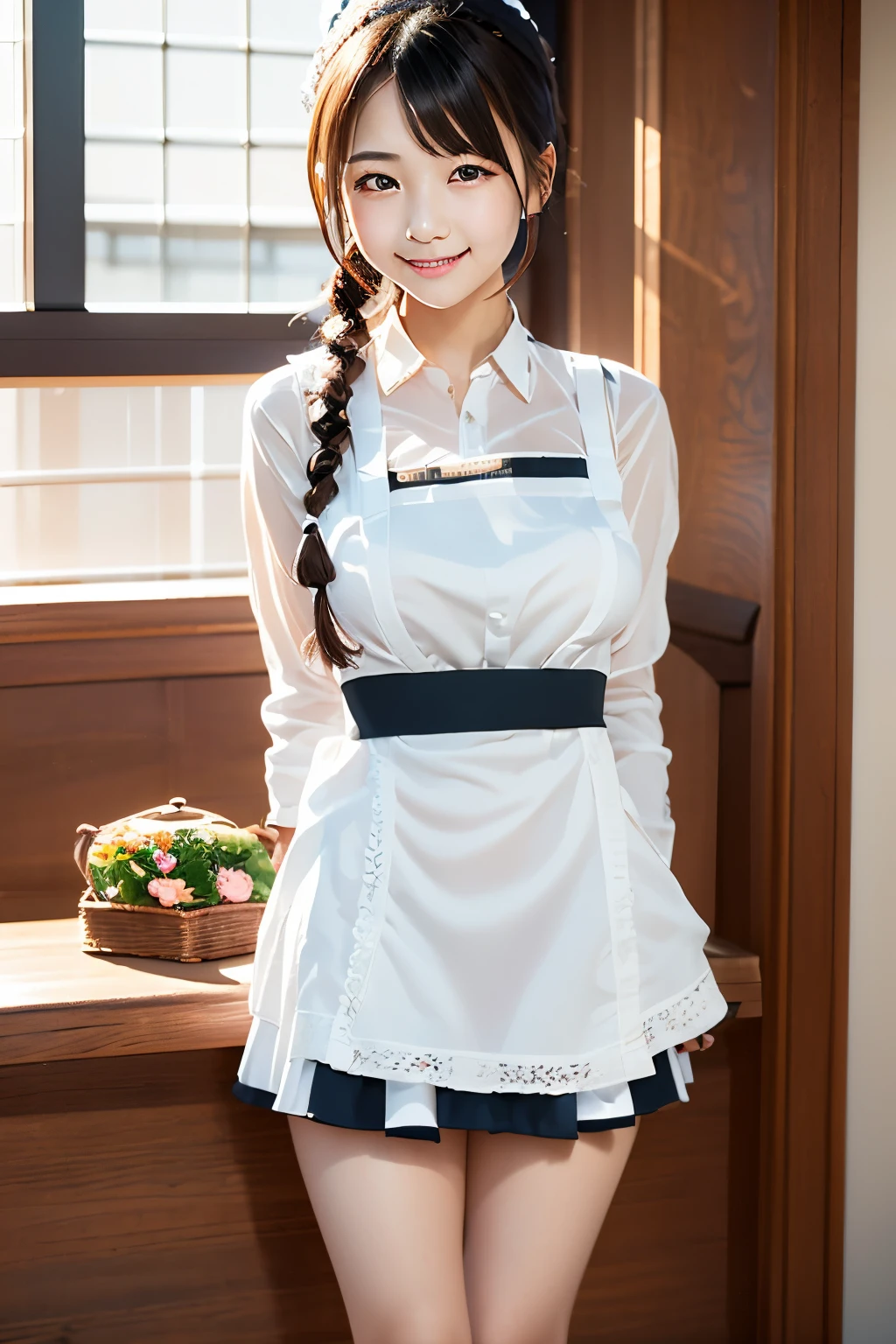 top-quality,ultra - detailed,tmasterpiece,hentail realism,Photorare,Bright lighting,1 girl in, Camera color temperature 3800k、an extremely beautiful 17-year-old girl, (kawaii:1.6),Thin smile, (Brown eyes),(dark brown hair),(By bangs),perfect glossy shiny skins,flawless skin,((erotick,Sexy and sexually explicit)),((Exact pointers,No discomfort)), large full breasts,big breasts thin waist, looking at viewert,((Long sleeve maid clothes)),((white apron with lace and frills)),(Ribbon Ties),((tuck fabric mini skirt)),(((Neat and clean clothing))),(Leaning against the window),lace and black panties,abnormally large breasts,((Stand with your feet together)), (Black socks),(Loafer shoes), In the daytime,Station platform、stand through the window、Chest being touched from behind