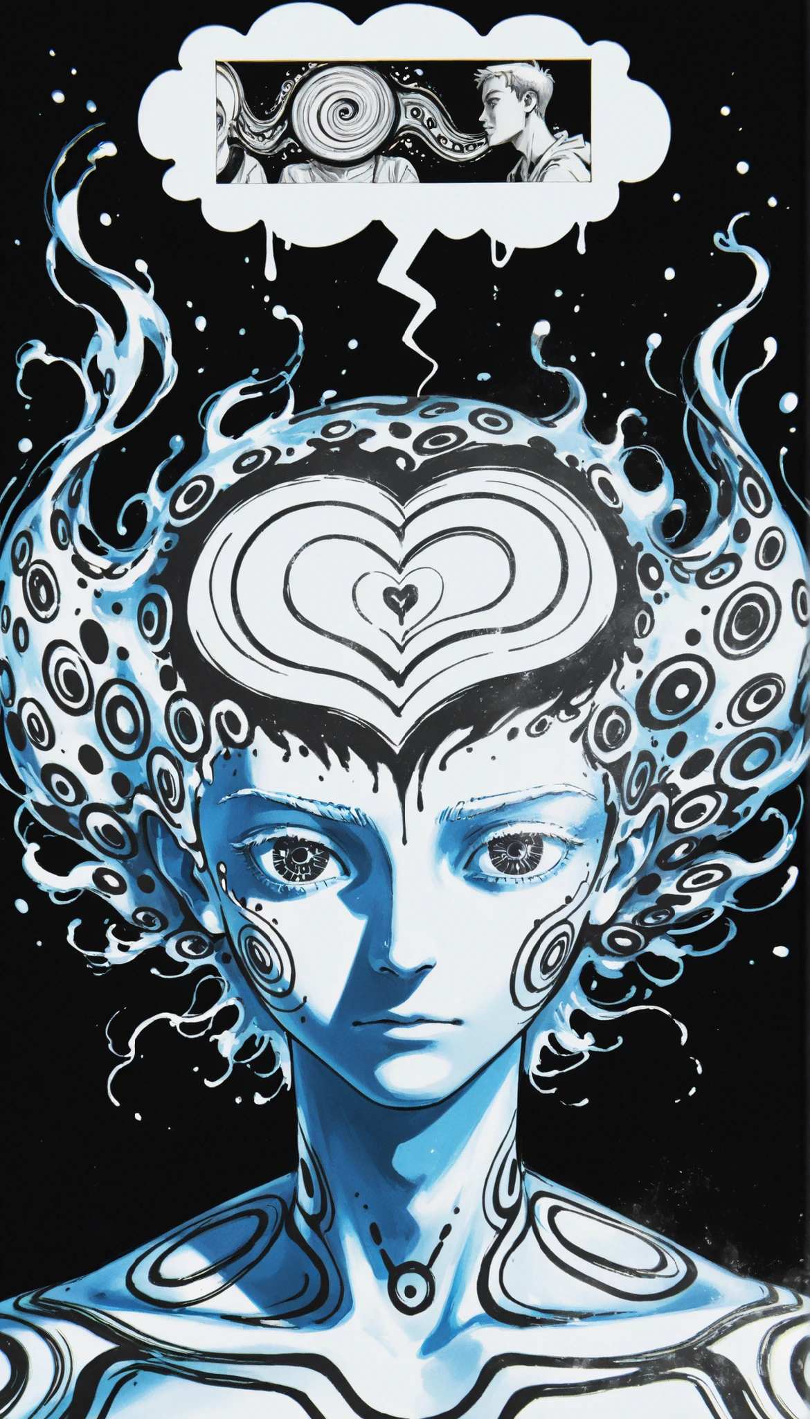 (drawing in white on black),black background,white spots,Abstract,drawing with tempera, artistic,watercolors,stained,shaded on the background,pro finish, introspective , inner,expressive,emotional,thought balloon