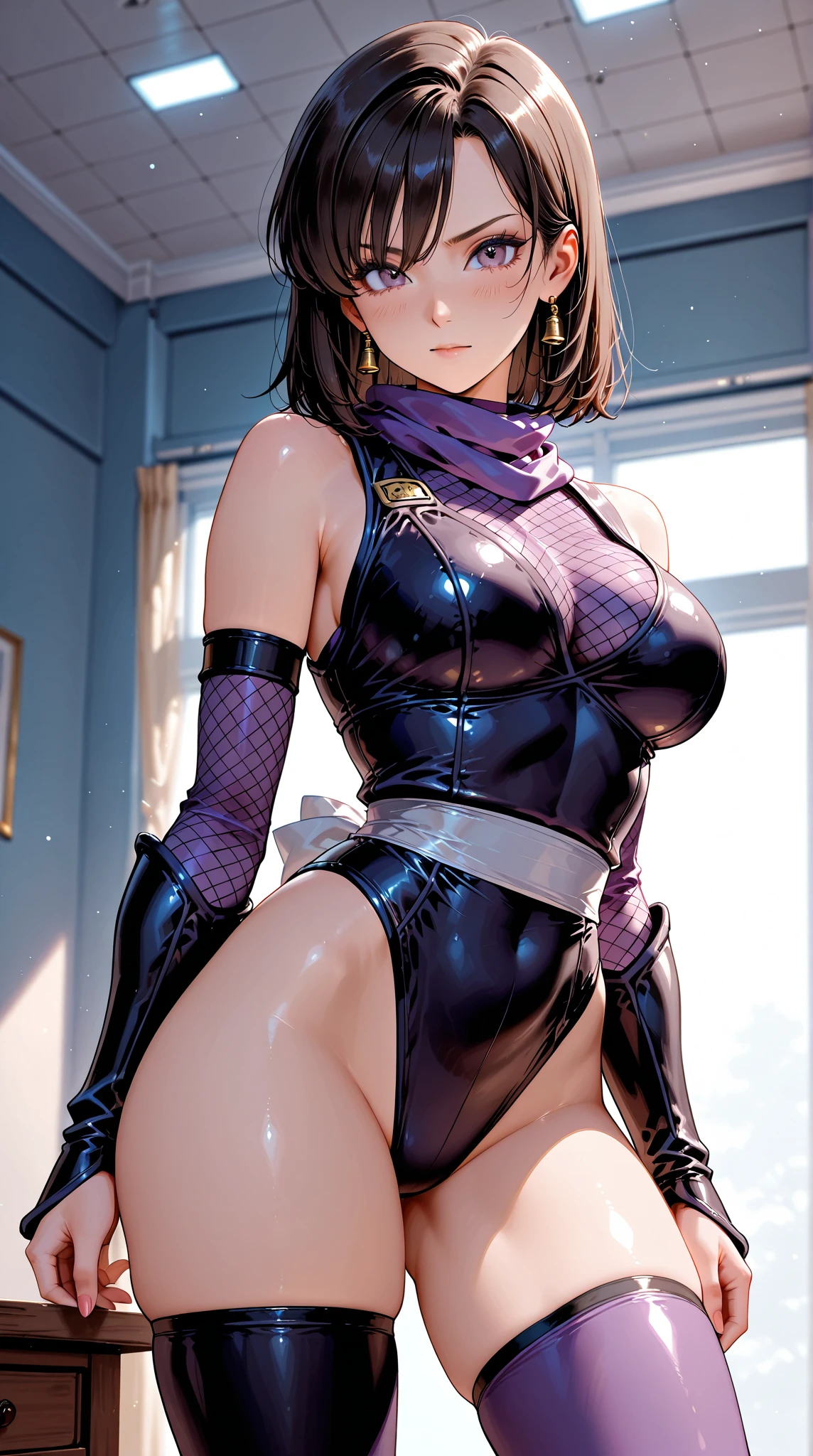 realistic, photorealistic, colorful, great lighting, ultra-detailed, dynamic angle, masterpiece,(solo:1.1), perfect face, (bright lighting:1.2),beautiful detailed eyes, extremely detailed face, perfect lighting,masterpiece, best quality, solo, {hair (darkbrown), (long hair), (2 ponytails)}, glasses, ribbon bows, classroom, darkbrown Chinese dress, stockings, high-heeled shoes, sweaty, wet body, navel out, thighs out, buttocks, large breast, slim, slender, translucent, Embarrassed expression, blush,
