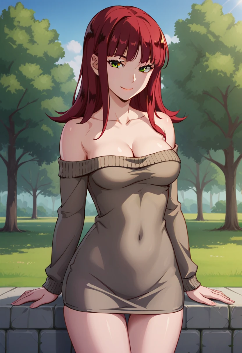masterpiece, best quality, ultra-detailed, glistening shiny, glowing light, ray tracing, HDR, deph of field, (perfect face, detailed face), <lora:KayaBlanche:0.6>, kayablanche, purple eyes, low-tied long hair, ponytail, sweater dress, sleeveless, bare legs, bare arms, sideboob, crossed legs, sitting on bench, outdoors