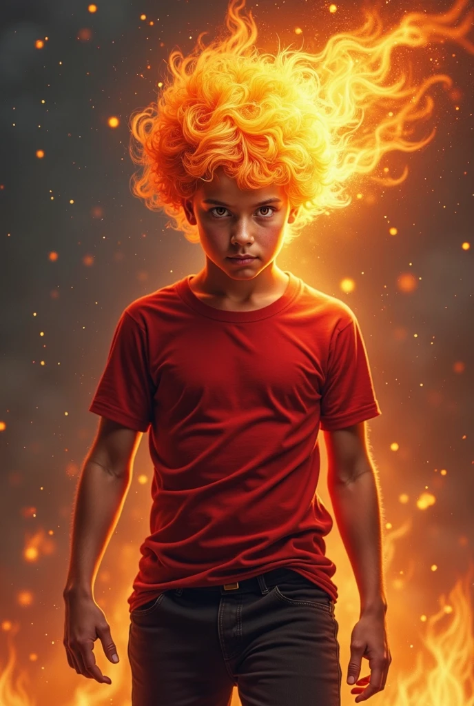 A close up of a child with a fire on his head - SeaArt AI
