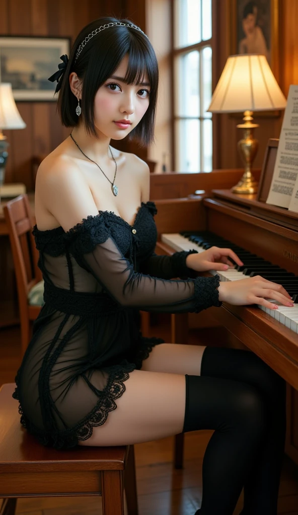 (masterpiece), (portrait), (aesthetic), (beautiful), (upper blody), (high quality), (aesthetic clothings), (professional angle), (rule of thirds), (Feminine), (woman), (female), (beautiful),(feminine features), (25 years), solo, 1 woman, (attractive Gothic Girl), Autumn, Dim light, ((Playing Piano)), (Sitting), Dark Makeup, (Average bust), ((Grand Piano)), (Front face), (Mysterious expression), ((Melancholy)), (Choker and Lace Gloves), ((shoulder length short hair)), (Black hair), (Straight hair), (Fine hair), Matte shine hair, (- in hair), (Purple eyes), (Elegant and Enigmatic look), (Fair skin), (Dark Colors clothing), (Victorian Dress), (-), (Long Skirt), Off-Shoulder neckline), ((Gothic Mansion background)), (Medium Shot Shot), beautiful hands, two hands, normal hands, two arms, complete hands, beautiful body, beautiful fingers, normal fingers, five fingers, five fingers, (Thumb index meddle ring little fingers), beautiful ears, normal ears, beautiful eyes, shiny eyes, beautiful mouth, beautiful lips,