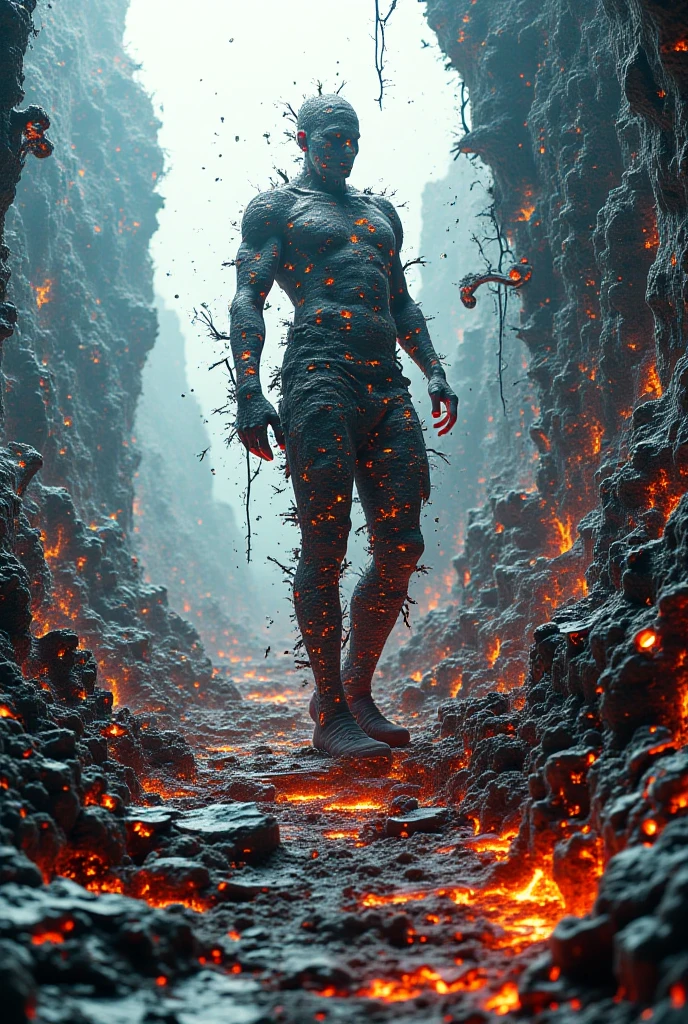 very dark cinematic extreme closeup photo of a man made of glowing flowing dark violet lava in a lava world, coming up out of hot lava, sparkles, intricate