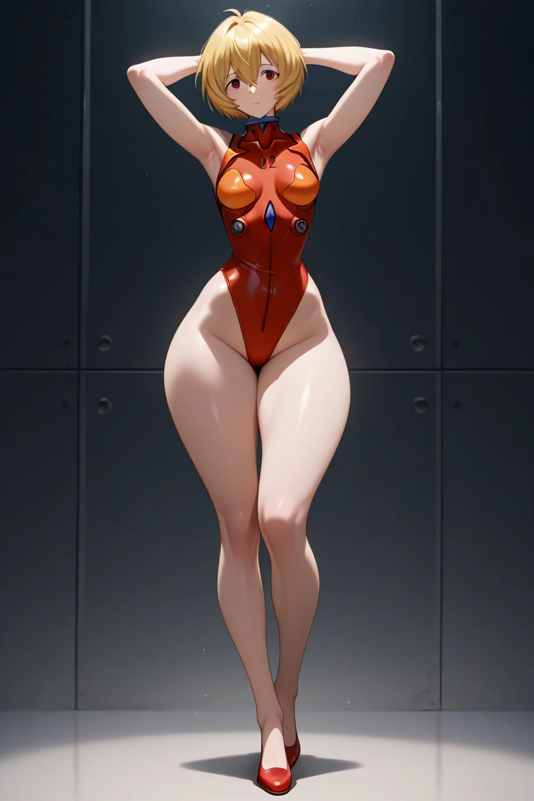 (plain background) (chest covered)(smile) gray skin, pale golden hair and violet eyes, huge knockers, full body standing symmetrical lustful smirking smile face red blush, pink painted nails, 1 girl full body standing straight symmetrical lustful smirking smile face red blushed, red cheeks, hands on hips