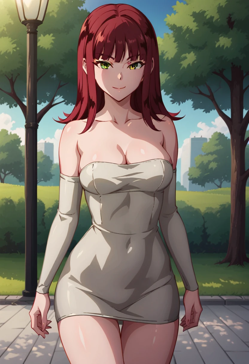 ((High Quality image 10k)) (( perfect autonomy)) Masterpiece, solo girl, brown eyes, red hair, wearing sleeveless black shirt, naked Bottom, pussy focus, pussy juice coming From pussy,  sexy legs, evil smug grin, barefoot, Standing, in the park 