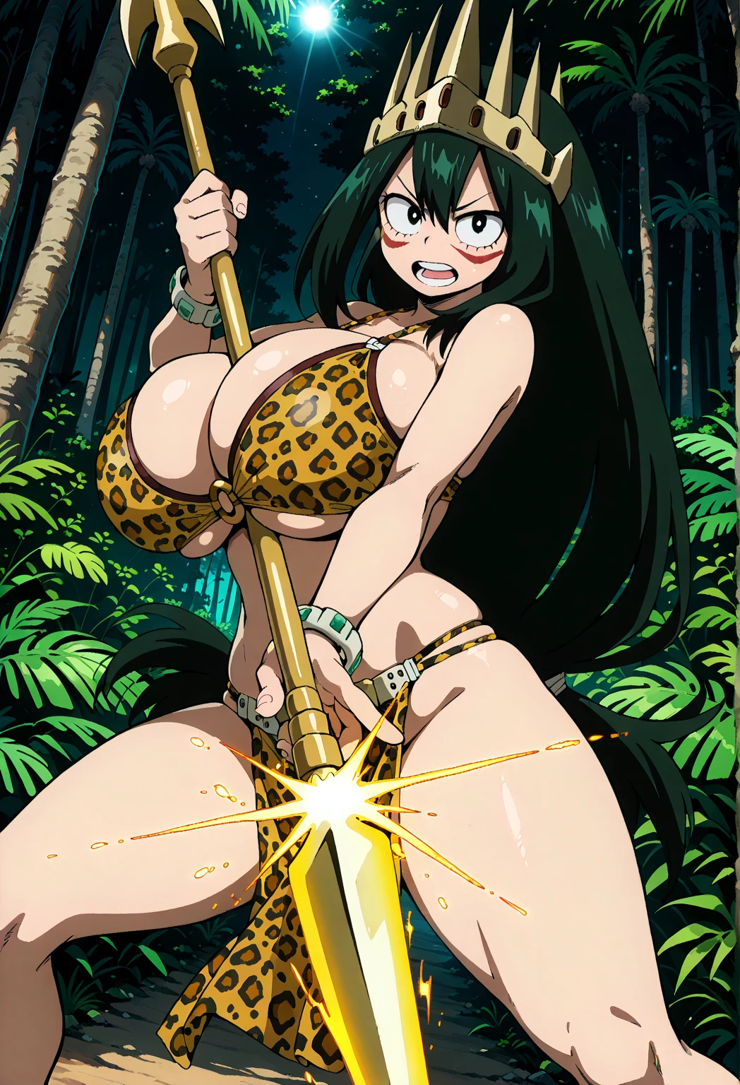 (masterpiece, best quality), 1girl, <lora:Captures:0.8> Dark skin,1girl,Dark-skinned female,solo,long hair,green eyes,animal print,leopard print,jewelry,large breasts,navel,green hair,blush,dirty,solo focus,outdoors,jungle background,strapless bra
