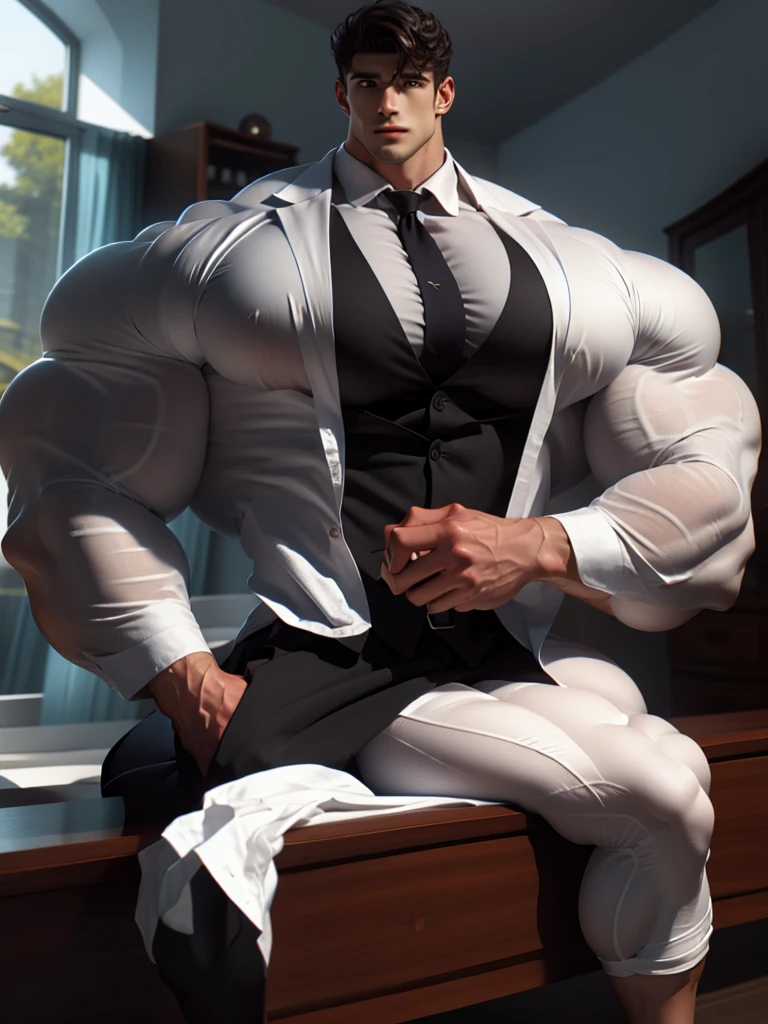 (best quality:1.5, hyperrealistic:1.5, photorealistic:1.4, madly detailed CG unity 8k wallpaper:1.5, masterpiece:1.3, enthusiastically detailed photo:1.2), (hyper-realistic lifelike texture:1.4), highly detailed, ((masterpiece, best quality)) ,extremely detailed 8K wallpaper, 1 korean male, (korean man with k-pop idol look), 20yo, handsome, detailed face, heavy muscular, stubble, sexy and masculine, formal suit & pants, photo real, illuminating light, big, brutalmass, giant, muscular bodybuilder, bulk, massive body, large size, smile, office