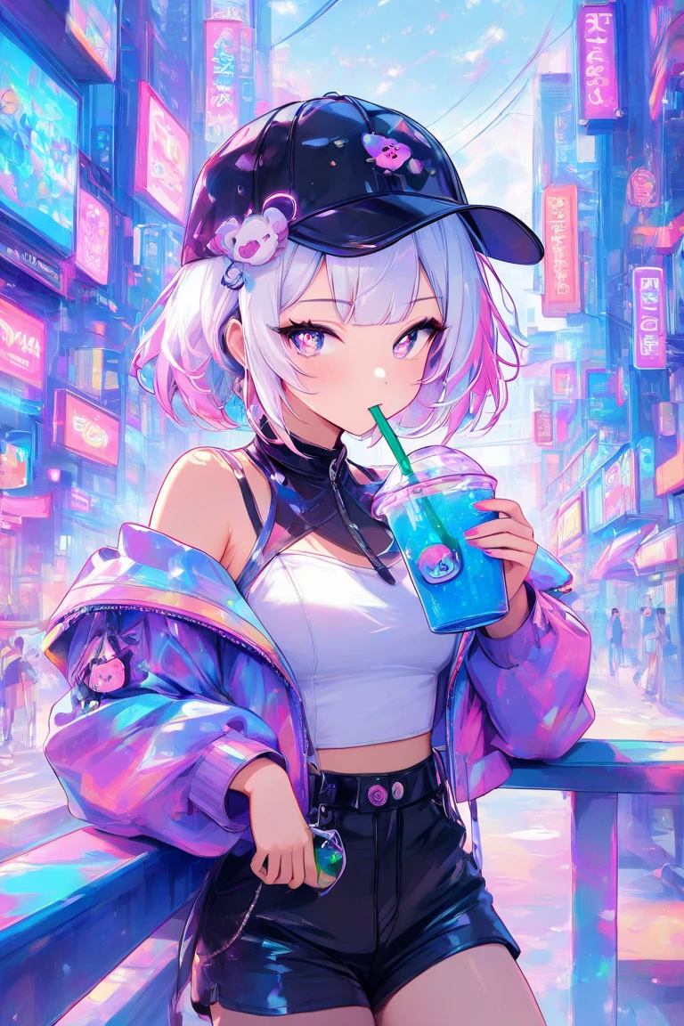 (((Neon color pink、blue、ponytail、1:1 hair color Wear a hat Off-the-shoulder hoodies))) ((cyber punk Earrings Smoking alone Empty beer cans rooftop City of night)) (Shining Moon Shining Background)