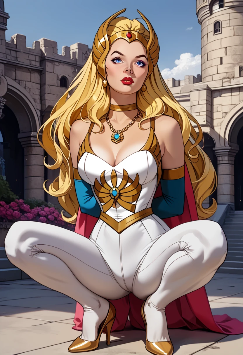 Thin woman, age 25, 4K (High definition), beautiful smiling, seducing gaze, wearing a tiara and a royal gown with a V-neck and long sleeves, brown belt, Caucasian skin, long blonde hair, sitting in a chair, full of curves with freckles across her chest. Marvel style high quality, white background.