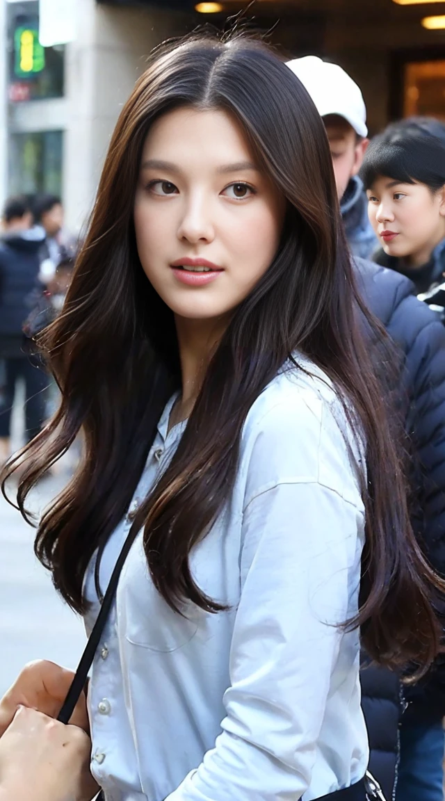 [Person, Perfect Figure: 0.96, Big Breasts: 1.65, Brown Hair: 0.6, Female: 0.65, Slimming Face: 1.12, Star Face: 0.71, Medium Long Hair, Thin Waist: 1.2], [Background in Mall, Standing, Indoors, Background Escalator, Background Shelf, Soft Light], [White T-Shirt: 1.1], [175mm, Realistic Light: 0.65, Clear Focus: 1.1, Heads-up], ([Ultra HD, Retina Screen, Masterpiece, Accurate, Anatomically correct: 1.2, Skin texture: 0.65, Very detailed: 1.3, Detailed face: 1.2, High detail: 1.2, High quality, Best quality, High resolution, 8k, wallpaper])
