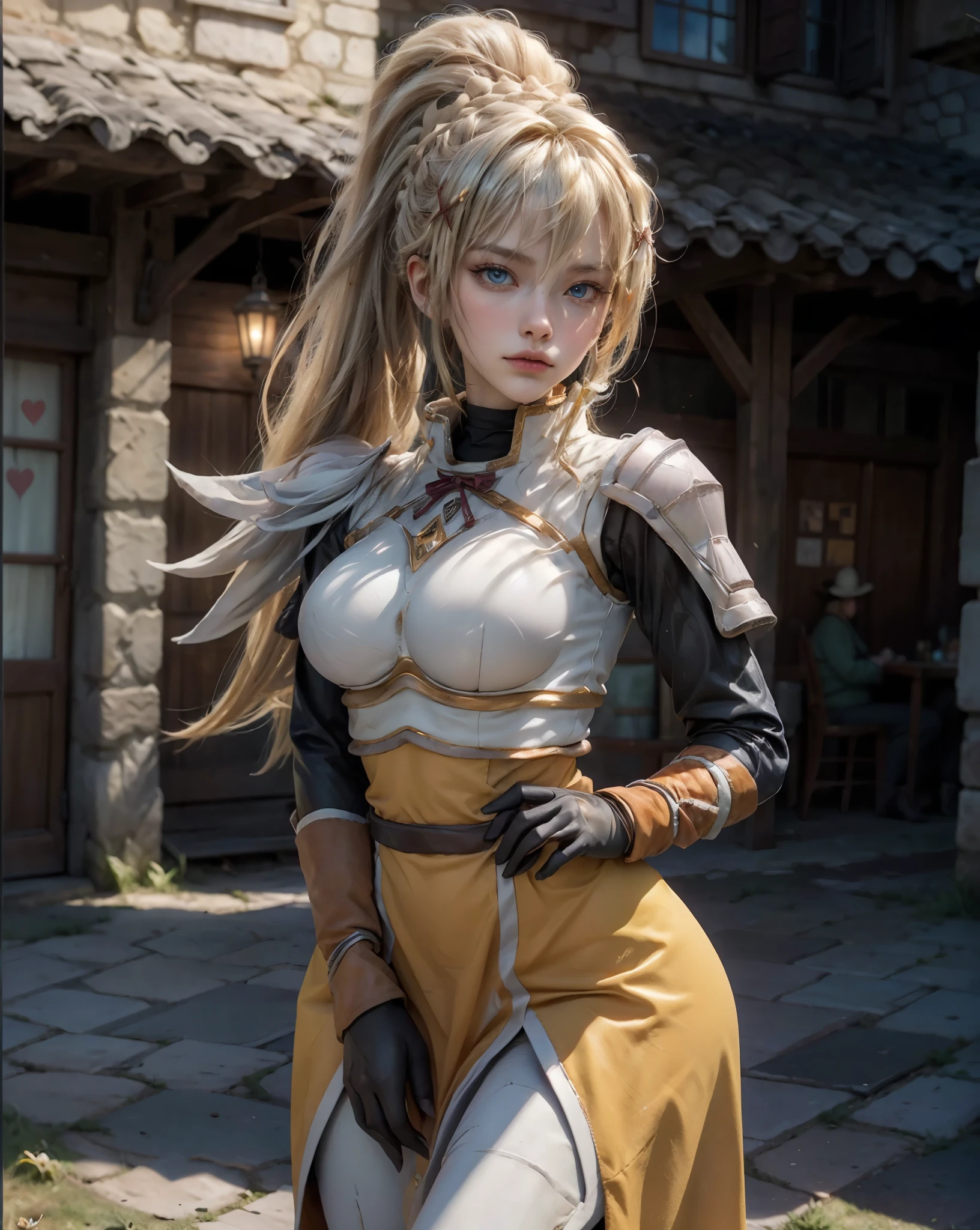 ((cowboy shot)), (1girl), darkness \(konosuba\), 4K、finedetail、超A high resolution、Detail Face、Delicat eyes、Gradient Eyes、gradation hair、bigger eyes, Double eyelids, blue eyes, lipgloss, heart lips, light tracing、realskin、Beautiful skin、((masterpiece、top-quality)), blonde hair, x hair ornament, armor, ponytail, hair ornament, gloves, shoulder armor, braid, black gloves, pauldrons, white boots, yellow armor cloth, (((large breasts))), (((Medieval village setting)))