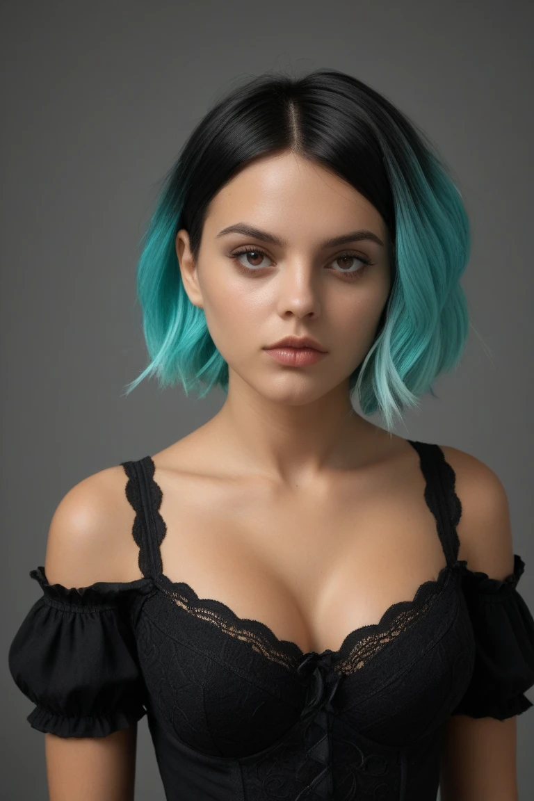 upper body of an beautiful girl,green eyes, ((beautiful chubby girl 28 year old, hair color [Brown highlights hair], [undercut pixie] hair)), lips, realistic, charming, black lipstick, colorful makeup, long eyelashes, earrings, wearing eyeliner, fair skin, (cute), (detailed face), detailed eyes, detailed iris, middle sized breasts. wearing a white cocktail dress,showing a lot of cleavage