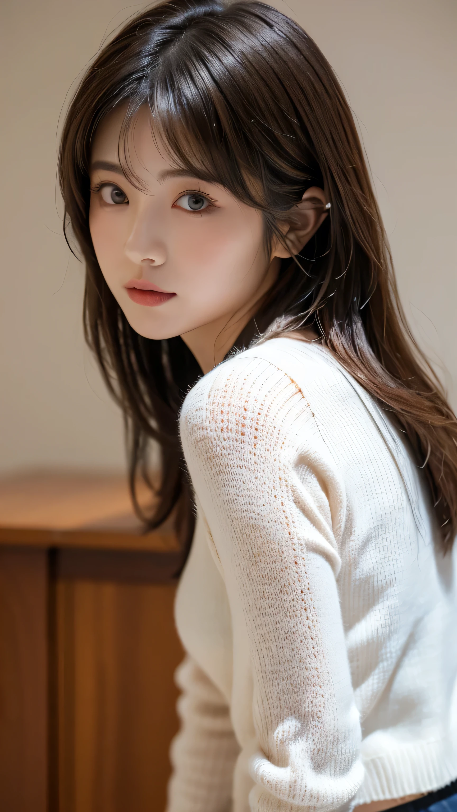 ((masterpiece:1.4、top-quality))、(photographrealistic:1.4)、profetional lighting、physically-based renderingt,Cowboy Shot,Medium Hair、layers-Cut、A dark-haired、extra detailed face、Detailed skin、(Beautiful japanese girl:1.05)、thin bunches of bangs、knit、White Room、white walls、Bright lighting