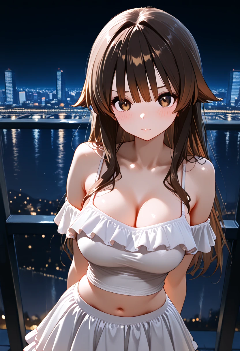 concept:A portrait of a beautiful woman。 

quality:NSFW, (highest quality, 4k, High resolution, masterpiece:1.2), Super detailed, (real, photorealistic:1.37), 

illumination:cinematic light, Bright colors and mesmerizing effects, Soft and delicate illumination, gentle shine, Lens flare, The overall atmosphere of the scene, 

Subject information:alone, (((young woman))),  (round eyes), (small face), (high detail skin:1.2), long eyelashes, glossy lips, There is cleavage, (black hair, wavy hair, reddish brown eyes), attractive big breasts, (slim body shape:1.4, A woman with a slender body and big breasts), Highly detailed face and skin texture, (happy expression), ((facing the front:1.2)), (Raise your arms and put your hands behind your head:1.5, photo shootのためポーズをとる, sexy pose), (((sheer dress, No sleeve, cleavage, bare shoulders, Dresses with slits), 

Other details:night club:1.5, sitting:1.2, beautiful skin, shiny skin, perfect fingers, five fingers, anatomically correct, background bokeh, 500㎜, f/4, photo shoot,