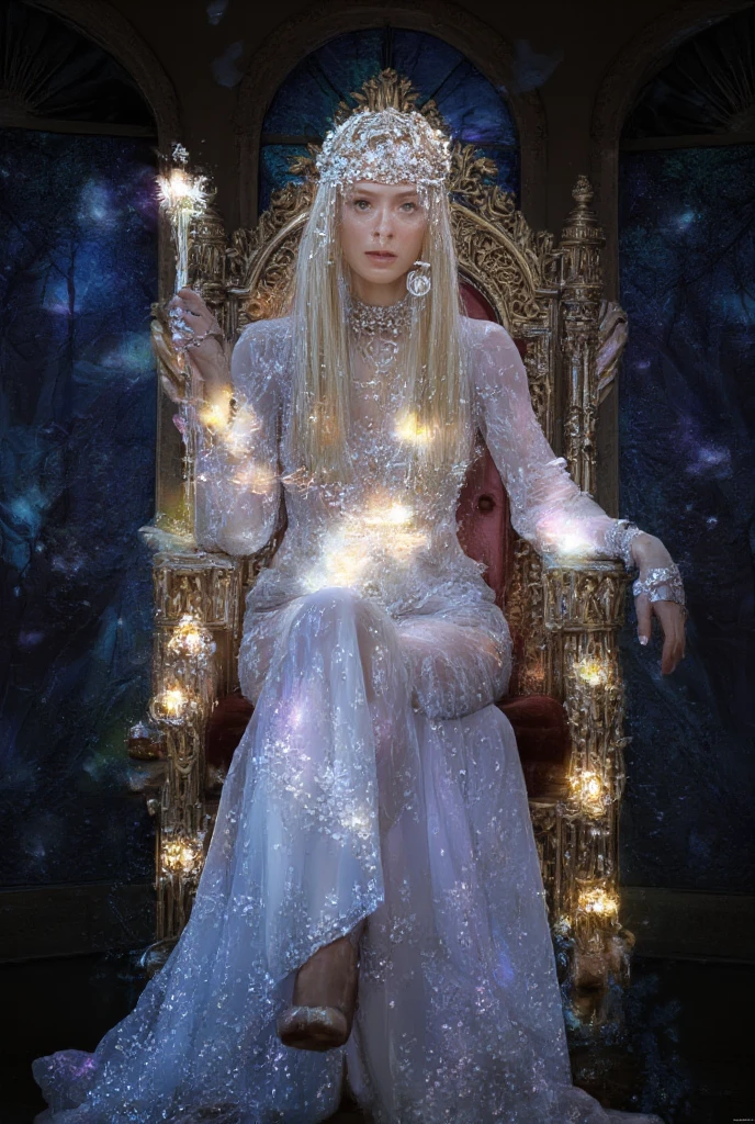 a distant cosmic being standing in a pink robe, abaixo de um portal em formato de espiral, com escritura: Portal 9/9. The female cosmic being with a staff resting on the water floor, in one hand and a lamp lit and shining with fire in the other hand, olhando de frente para o portal, with a violet sky, rosa, azul, roxo, cheio de estrelas de fundo e uma lua cheia grande e brilhante