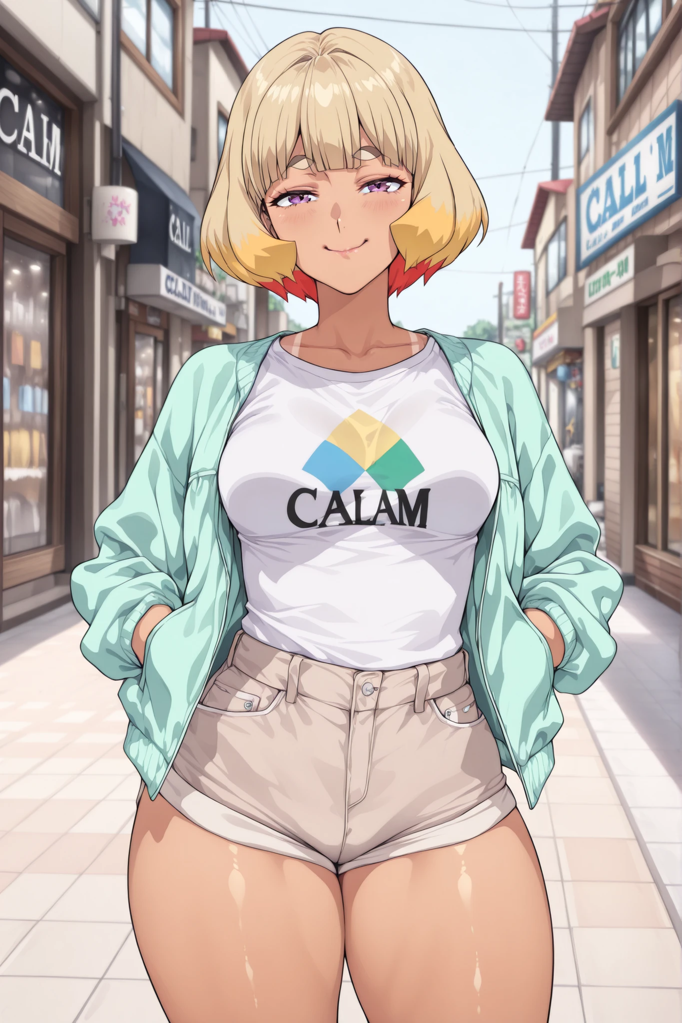 (masterpiece, best quality:1.2) , ratatatat74_style , <lora:ratatatat74:0.8>, solo, 1girl, unamused, closed mouth, looking at viewer, hand on own face, sitting, crossed legs, <lora:uzaki_hana:0.8>, uh1, shirt, raglan sleeves, romaji text, clothes writing, long sleeves, denim shorts, pantyhose, fang, smile, smirk