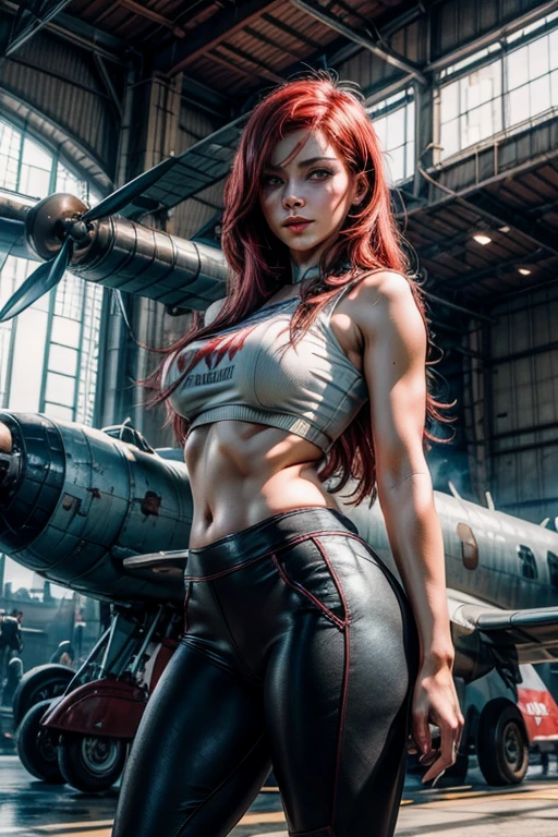 Andrea is a beautiful American woman, (best quality), (masterpiece), (adult), (beautiful face), (random colors), punk aesthetic, showing off her perfect athletic body, clean face, tiny leather shorts, white t-shirt ripped at the breasts with red lingerie showing underneath, jacket with spikes, in the style of Simon Bisley for the cover of Heavy Metal magazine, spectacular graphics, Mad Max clothing, metal shoulder protection with exposed rivets and screws, dark random colors with white stars and red and white checkerboard pattern, armor, full of thorns, (((from the knee up))), in the background an abandoned factory in the desert