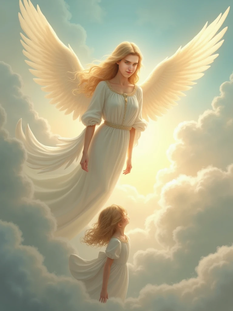 "A majestic and imposing male angel with large, radiant wings is depicted in a dramatic scene where he is saving a  girl. The angel, clad in luminous armor and with a determined expression on his face, is holding the girl in his arms. The girl, with a look of awe and relief, is dressed in simple clothing. The background features a chaotic landscape that highlights the angel's heroic intervention, with intricate details and lighting that emphasize the texture of the wings and the emotions on both characters' faces."
