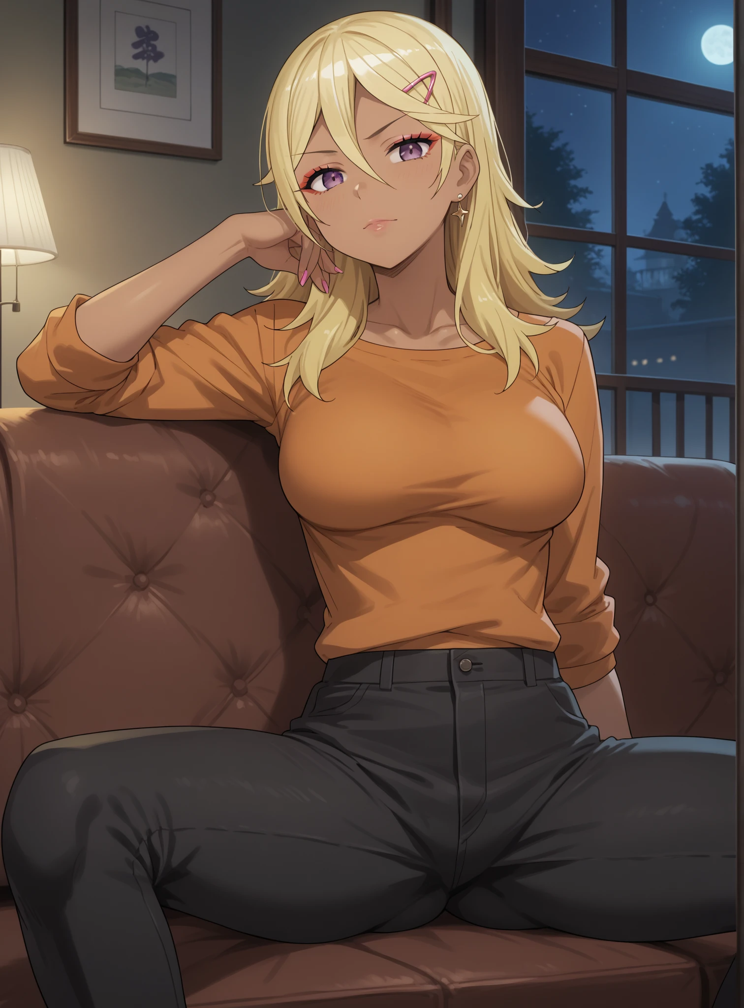 Beautiful woman, smiling, blushing, large breasts, beige sweater, black pants, sitting 