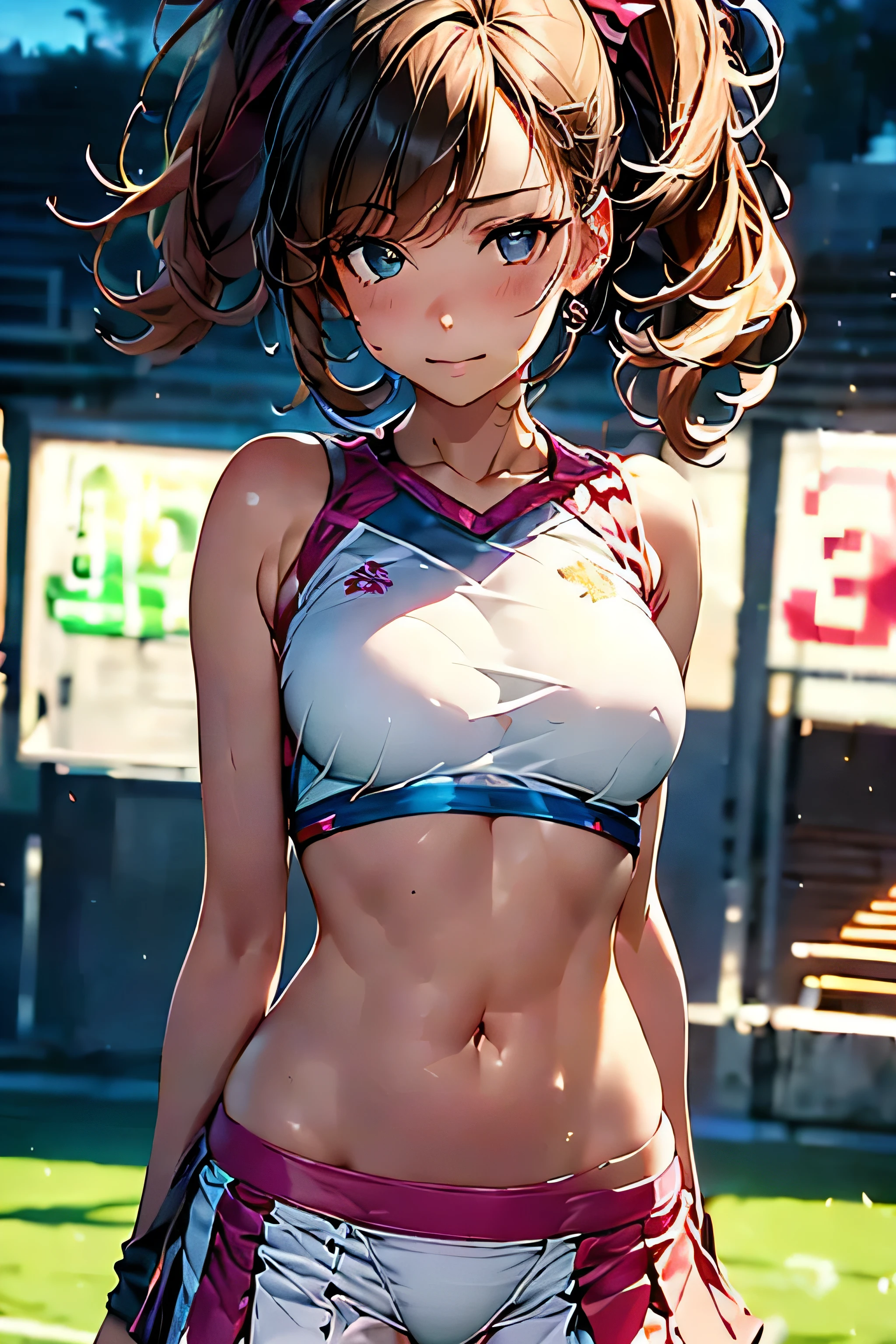 On the football field with a dark lit steel-blue sky, holding up a kawaii cheerleader in the air wearing a two-piece cheer uniform with a crop top showing her abdomen, pink and white stripes under, shapes and curves, with soft skin tones of white and navy blue, full body, realistic, photo realistic, 8k,jk