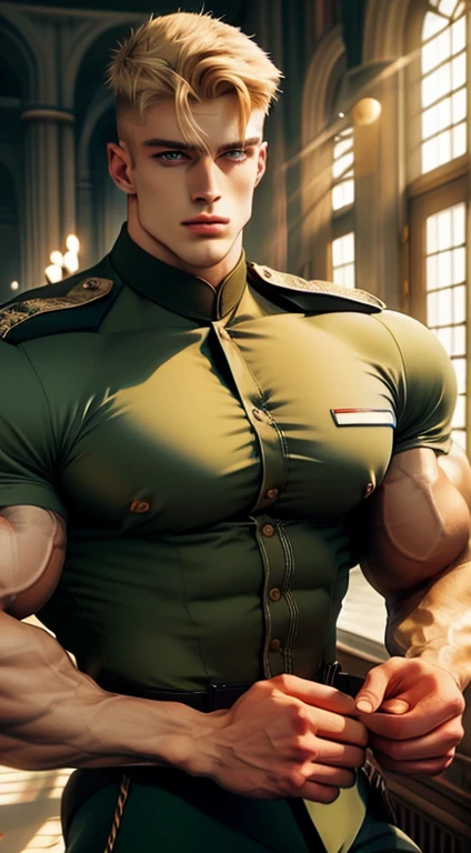 best quality,masterpiece,1boy, men,A handsome,mature man. Looking at viewer, model shot. Brutalmass, giant, muscular physique, bulk. His features are well-proportioned and symmetrical,giving him a classic and handsome appearance. He is dressed in a meticulously tailored white army uniform, and a dense layer of dark hair covers his muscular and voluminous chest, creating a robust texture that stands out beneath the fabric due to the intense heat. The hair, dense and slightly wavy, forms an intricate mesh that captures sweat droplets, which trickle down in small sinuous streams along the defined contours of his muscles, accentuating his masculinity and physical vigor. The combination of hair and sweat further emphasizes the grandeur of his muscles and his striking presence in the military uniform. Overall,the man exudes charisma,charm,and an air of sophistication and refinement.,Gothic,skyscraper,wood,