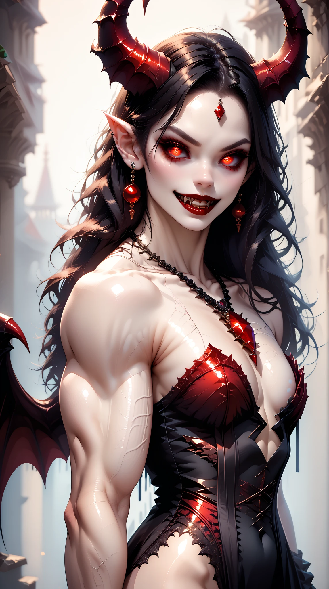 (vampire woman), (long black hair), (long black silky hair), (giant black eyes), (huge dark black eyes), (vampire fangs), (big canine teeth), (blood in mouth), ( huge breasts overflowing torn clothes), (torn clothes), (torn dress), (bat wings), (giant bat wings), (abandoned castle), (red castle), (perfect waist 0.8)