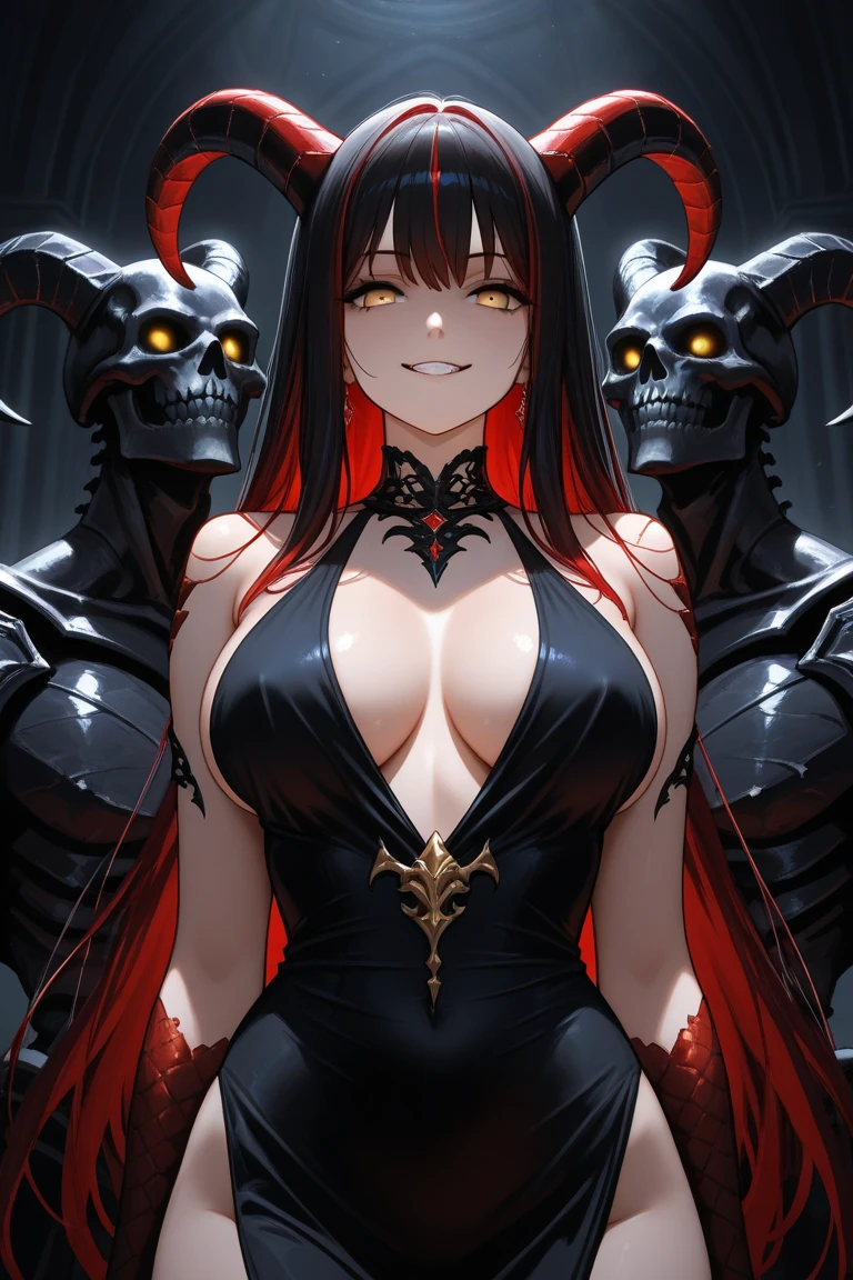 1girl, black_hair, long_hair, breasts, sitting, solo, horns, very_long_hair, bare_shoulders, dress, looking_at_viewer, barefoot, cleavage, crossed_legs, nail_polish, gloves, black_dress, red_nails, wings, thighs, large_breasts, wide_sleeves, bird, toenail_polish, bangs, throne, smile, detached_sleeves, feet, indoors, feathered_wings, crow, mole, jewelry, mole_on_breast, red_eyes, elbow_gloves, feathers, red_flower, bare_legs, head_tilt, long_sleeves, collarbone, hair_between_eyes, hair_ornament, full_body, yellow_eyes, medium_breasts, closed_mouth, steaming body, fog,(masterpiece, best quality, highres, high resolution:1.2), extremely detailed, realistic, intricate details, 1girl, solo, goth girl, gothic, green eyes, makeup, black lips, black hair, tattoo, seductive smile, ((naked breasts)), pleated skirt, black legwear, jewelry, necklace, breasts squeezed together , v arms, (large breasts, thick thighs, wide hips), on bed, looking at viewer, seductive pose, close-up shot,