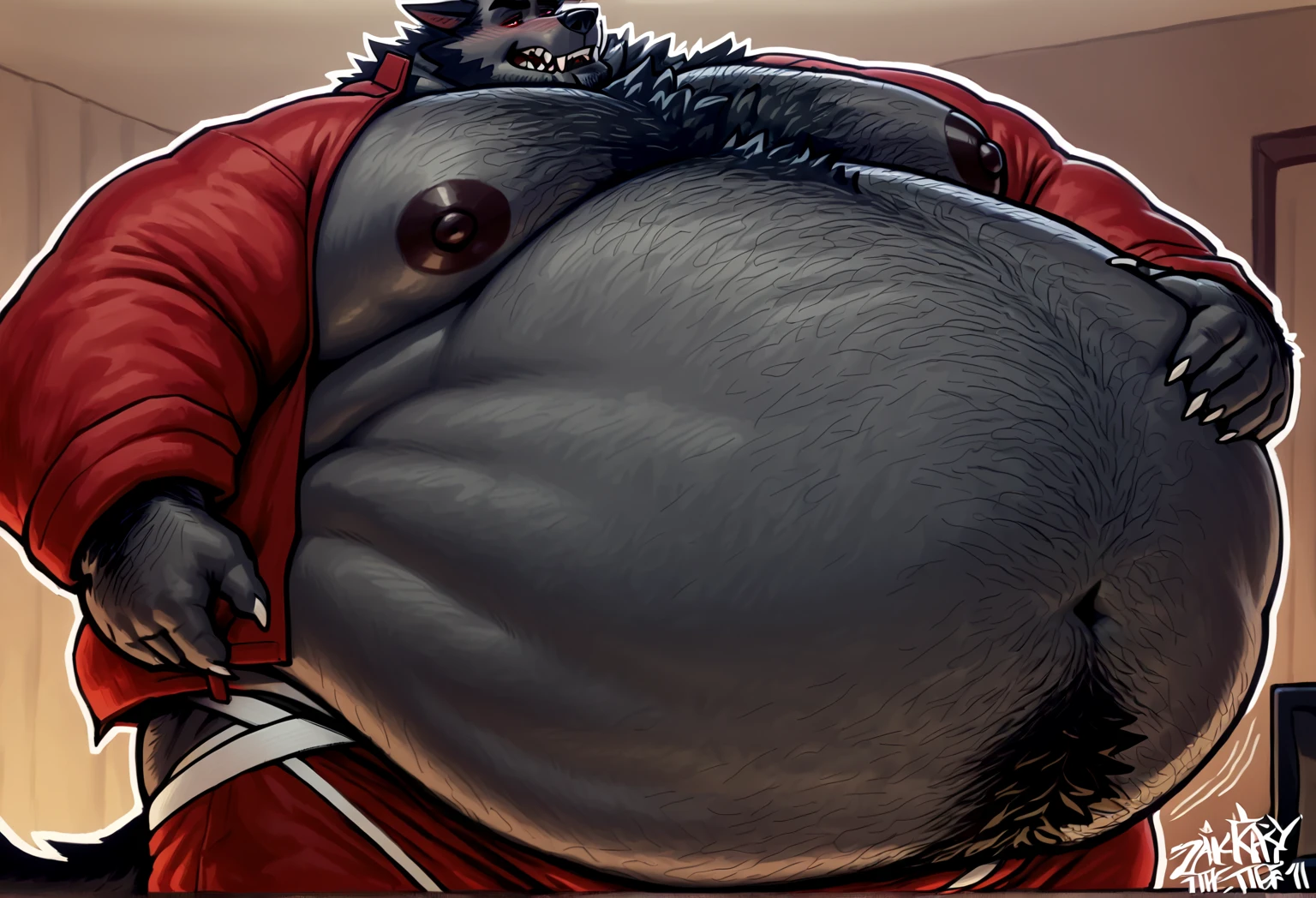 Macro bara Male hairy Midnight Lycanroc, 4k resolution, photoreal render, High level of detail clean, Vector image, Photorealistic masterpiece, professional photoshooting, simple space background, flat white background, isometry,vibrant vector, ((((hyper penis, hyper balls, huge penis, huge balls, thick penis, huge chode)))), erection, foreskin, precum, hoodie, bottomless, detailed glistening scales, ((subsurface scattering)), in city, ((overweight, large belly, pear shape, bottom heavy, wide hips, huge hips)),scars, chilling, Loud belch, Vore, Prey in stomach, vore pov, belching out bones,, crushing buildings