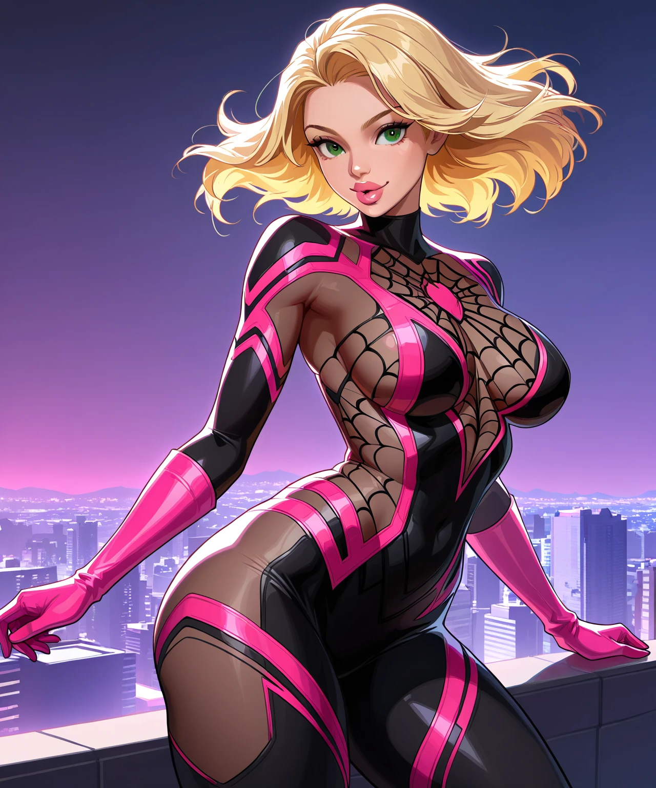 1girl, swimmer, (beautiful face),(blonde hair),
(medium breasts),straight hair, ponytail long hair, colored inner hair, neon_pink_eyes, intricate eyes,beautiful detailed eyes,symmetrical eyes, wet legs,(spider lower abdomen, narrow waist, wide hip, athletic body, slim legs, slim thighs, perfect body, (detailed face),
cute,slutty,seductive,erotic,nsfw,
zettai ryouiki, (one-piece swimsuit), magenta, magenta armor swimsuit, wet clothes, intricate outfit, intricate clothes,
(dynamic pose:1.0),embarrassed,centered,scale to fit dimensions,Rule of thirds,
cyberpunk city by the ocean at night, with bright neon signs and dark stormy clouds and puddles, scenery:1.25,
artistic photography, high-res, sharp focus, ultra detailed, extremely detailed, synthwave background,vibrant colors,intricate background,masterpiece,best quality, 4k