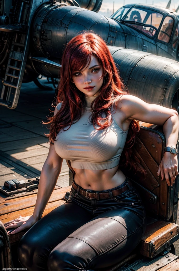 A red-haired woman with a strong body and several scars all over her body. One eye is wearing a black eye patch.