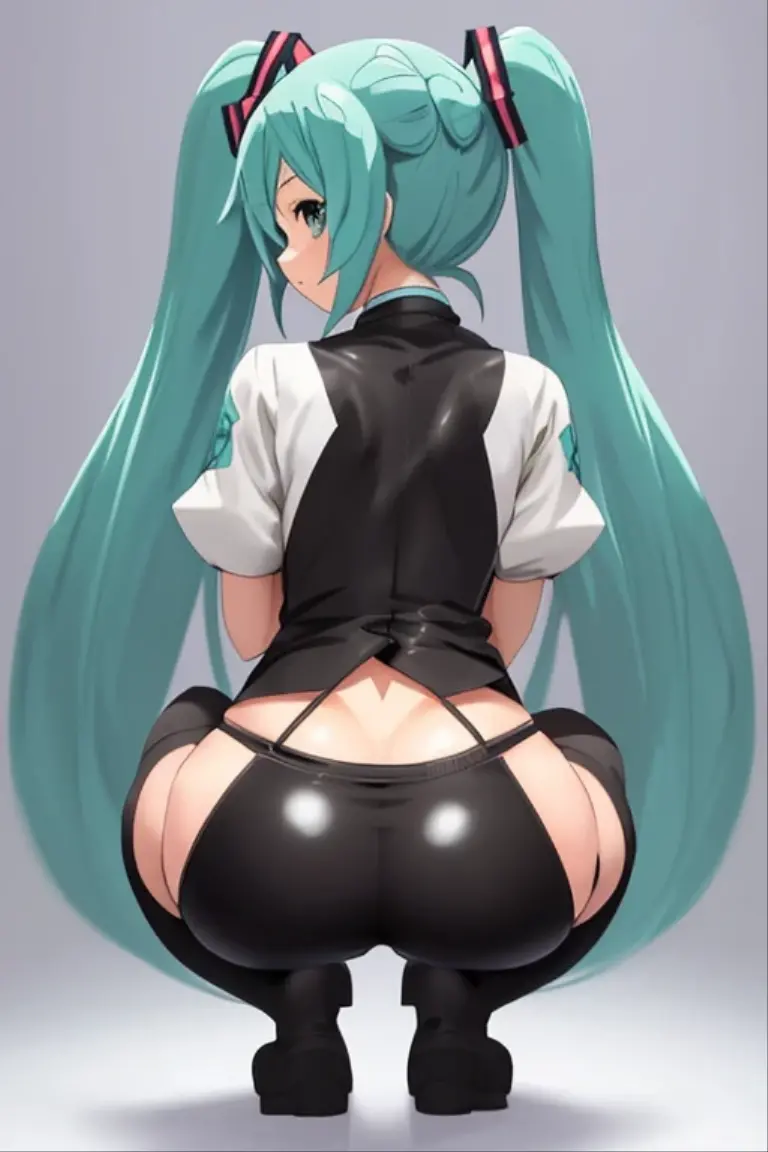 hatsune miku, naked, high quality, small breasts, anime, squatting down, big ass, fingering her butthole