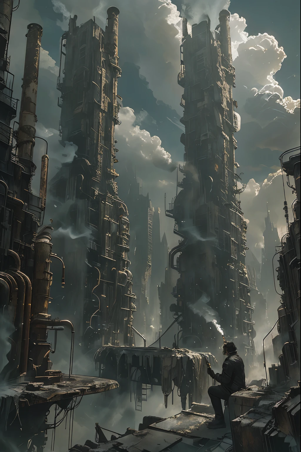 wilderness, Ruins, night , Scenery, cloud, null, Outdoors, cigarette, building,city, science fiction, 喫cigarette_pipe,