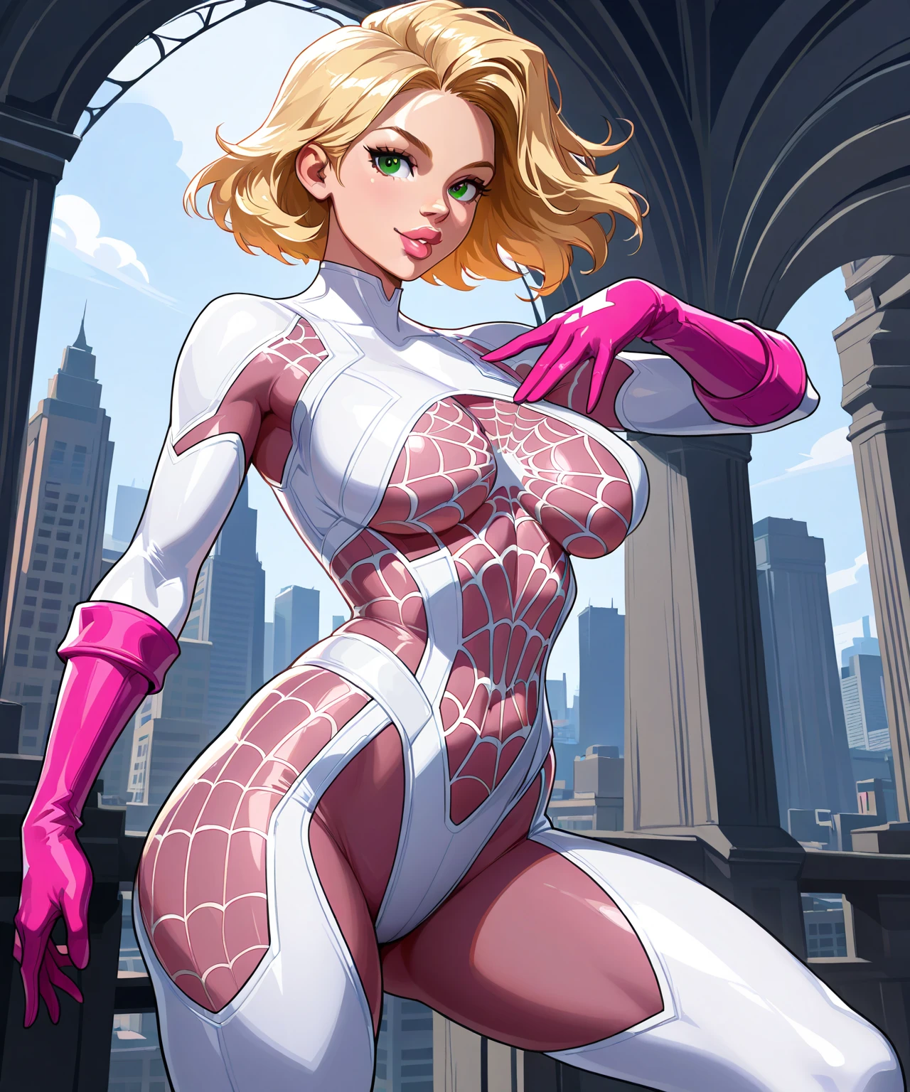 Margot Robie, Barbie pink, Dc Comics, dressed as a Barbie version of power girl, by Adam Hughes, (sexy), flying, eyes closed extacy