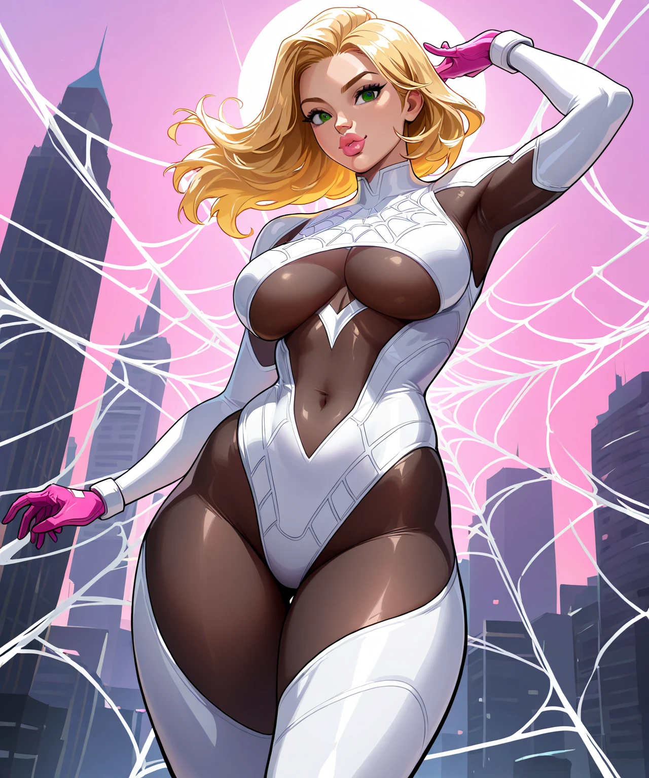 18yo SpiderGwen,White Spider-Man suit,short and wavy hair,blondehair,beautifulface,hoodie, action pose, lluvia,teto,The Masterpiece,exquisite detailing,detailed hands, detailed face, detailed lips, detailed nose, detailed eyes, Perfect anatomy,((((Huge Muscles)))), best qulity,ultra-highresolution,4k