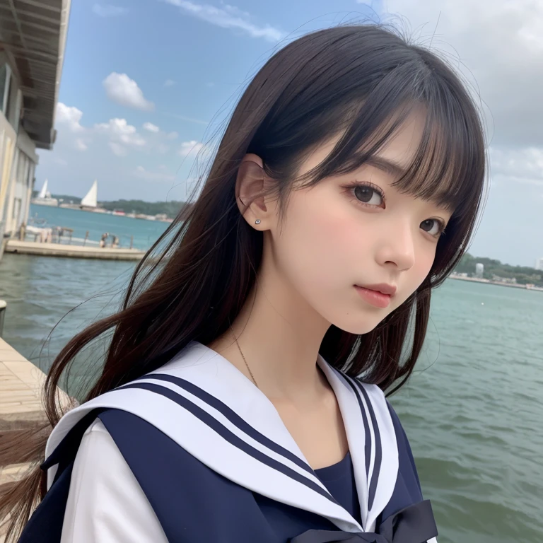 (8k, best quality, masterpiece: 1.2), (realistic, realistic, photorealistic: 1.37), 2 girls, hyper detail, beautiful detail eyes, beautiful detail nose, (((2girls))), short-sleeved sailor suit, pleated short skirt, 7 minutes, sitting on the beach, seaside,